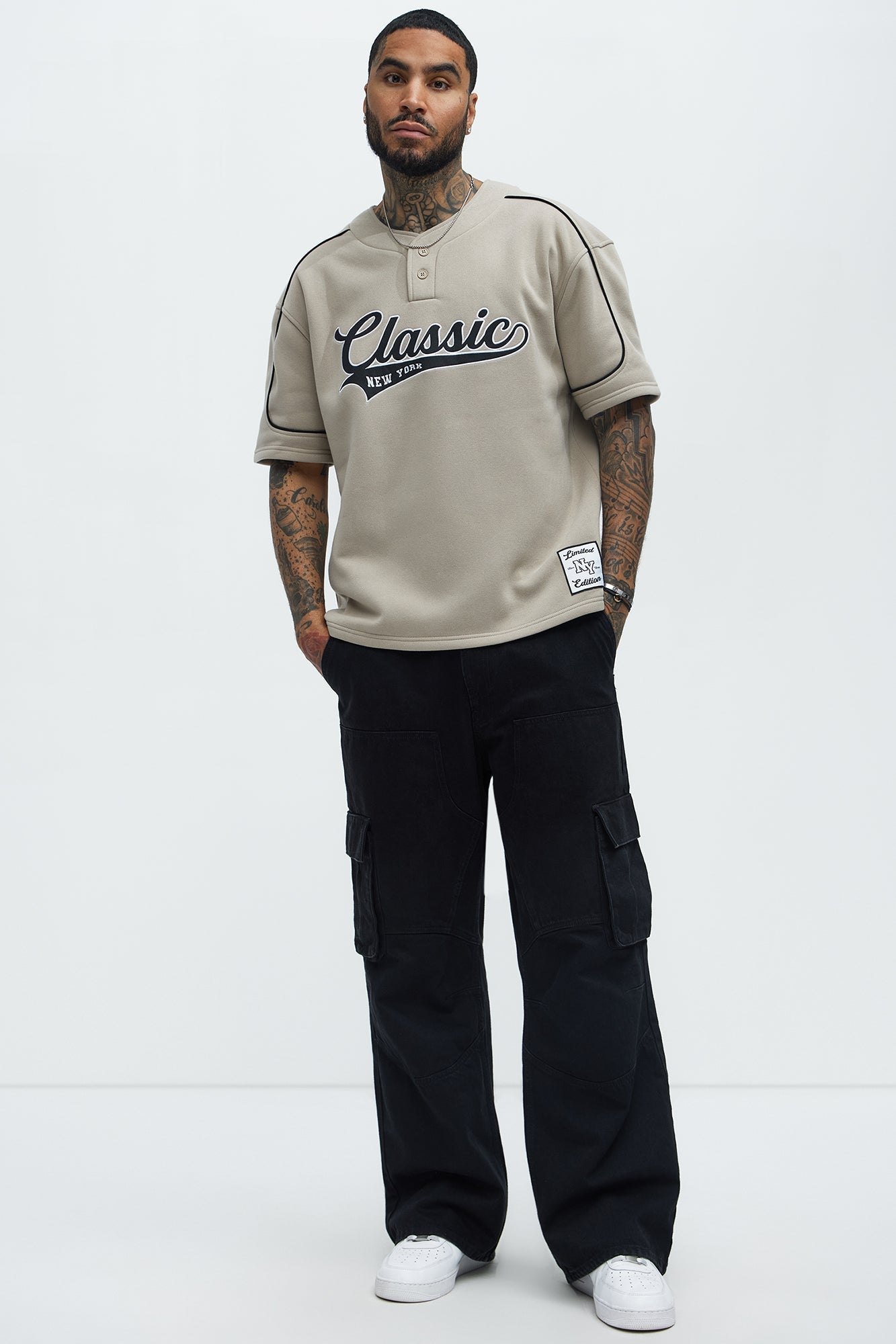Classic New York Short Sleeve Henley - Stone Fashion Nova