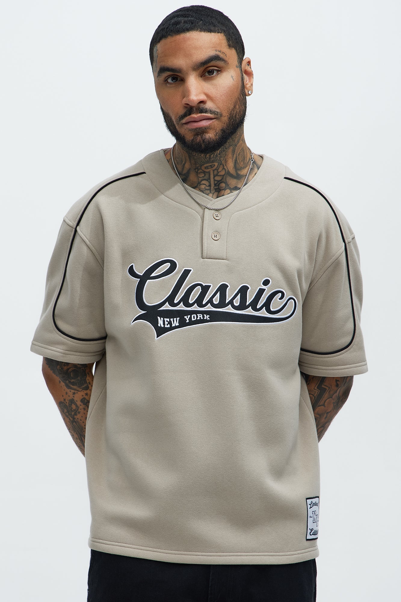 Classic New York Short Sleeve Henley - Stone Fashion Nova