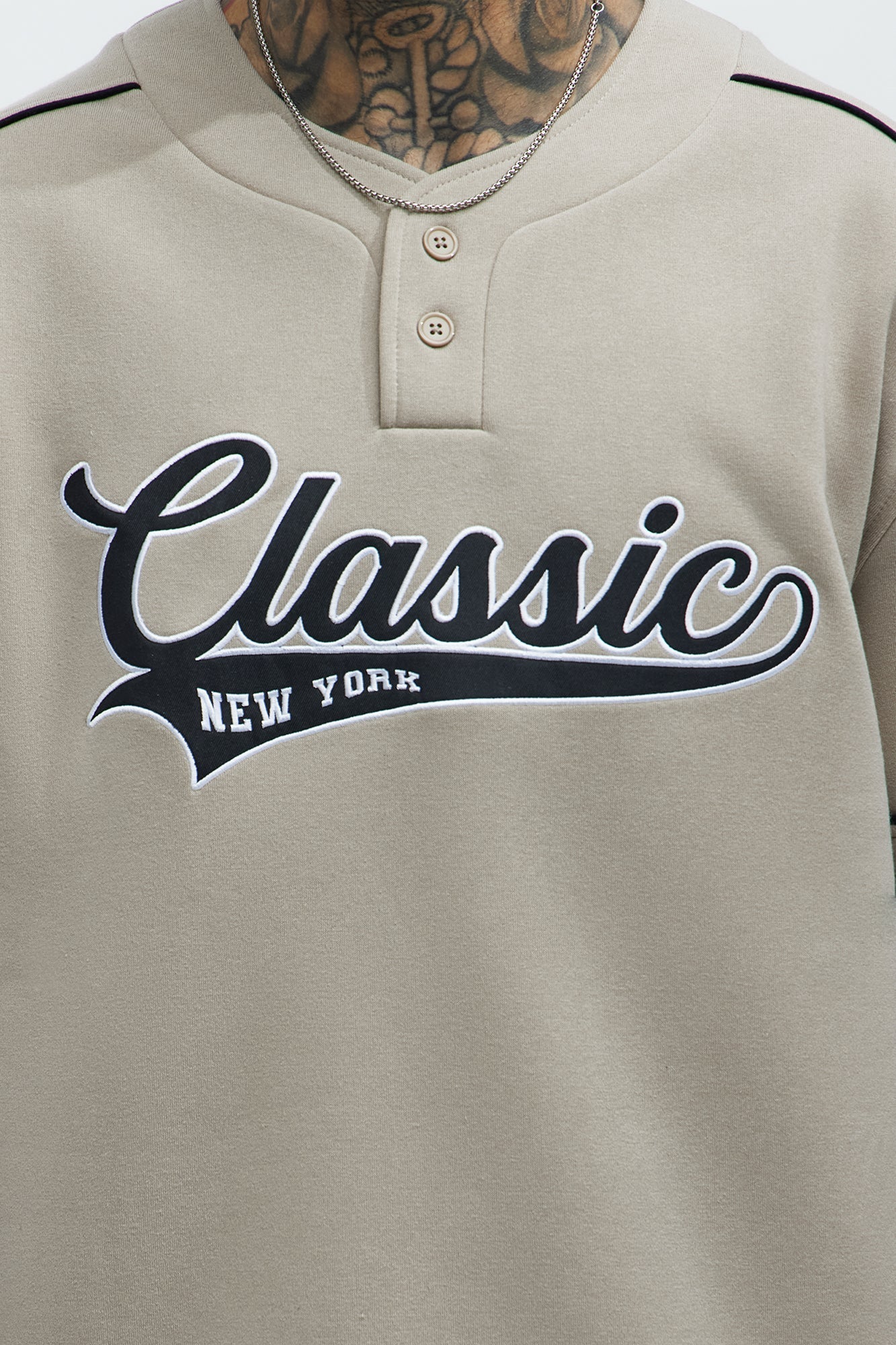 Classic New York Short Sleeve Henley - Stone Fashion Nova