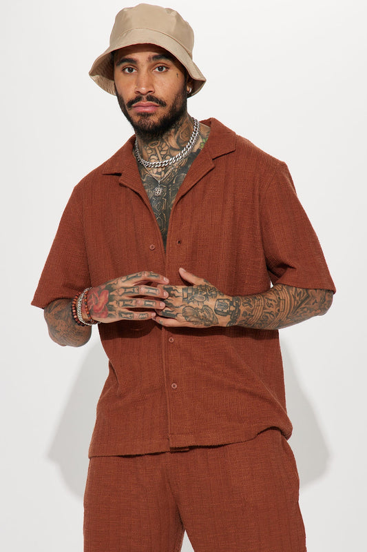 Dean Textured Short Sleeve Button Up Shirt - Chocolate Fashion Nova