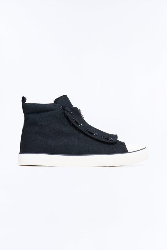 Canvas Mid Top Lace Up Sneaker - Black Fashion Nova