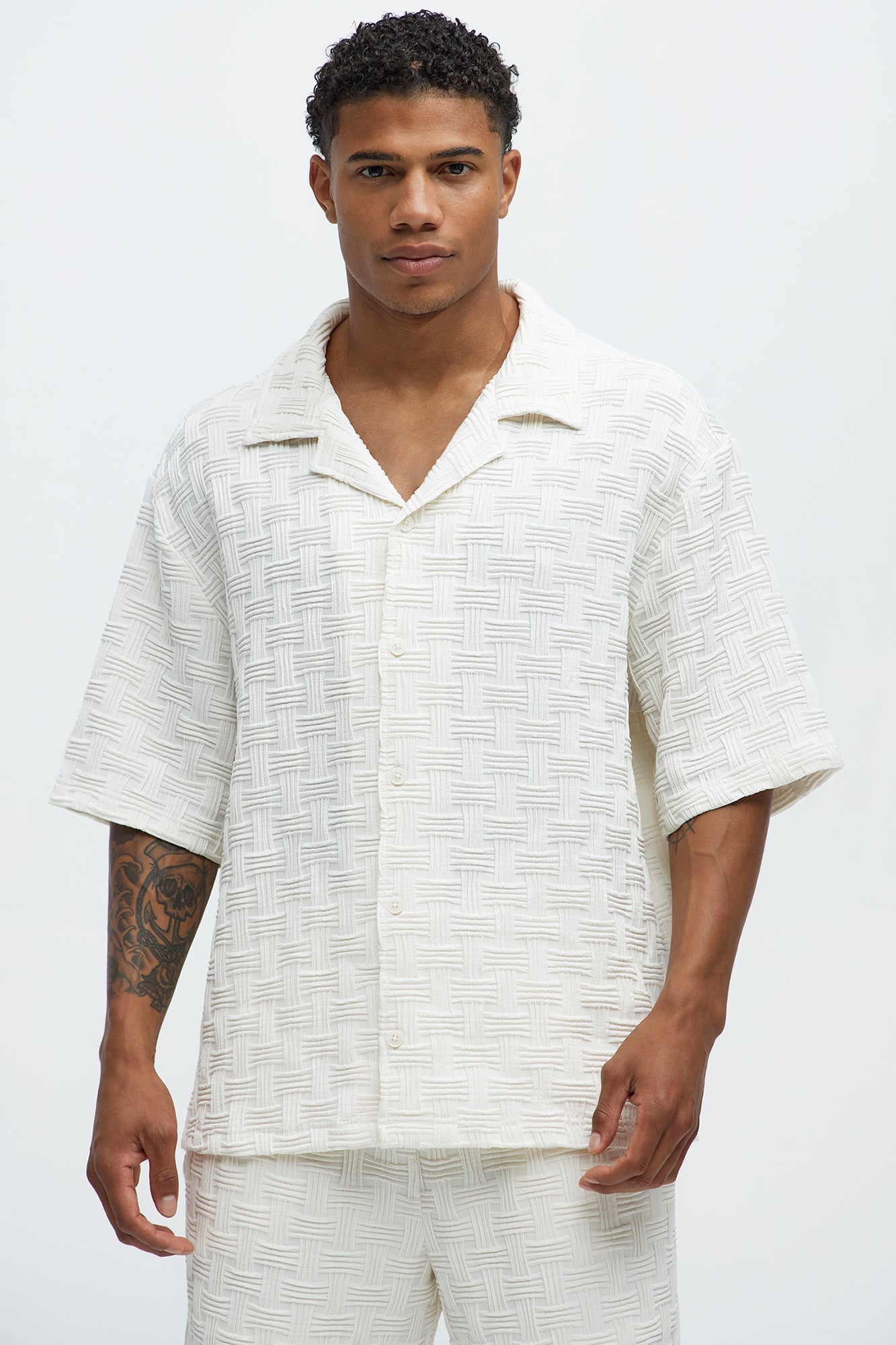 Criss Cross Textured Cuban Collar Shirt - Cream Fashion Nova