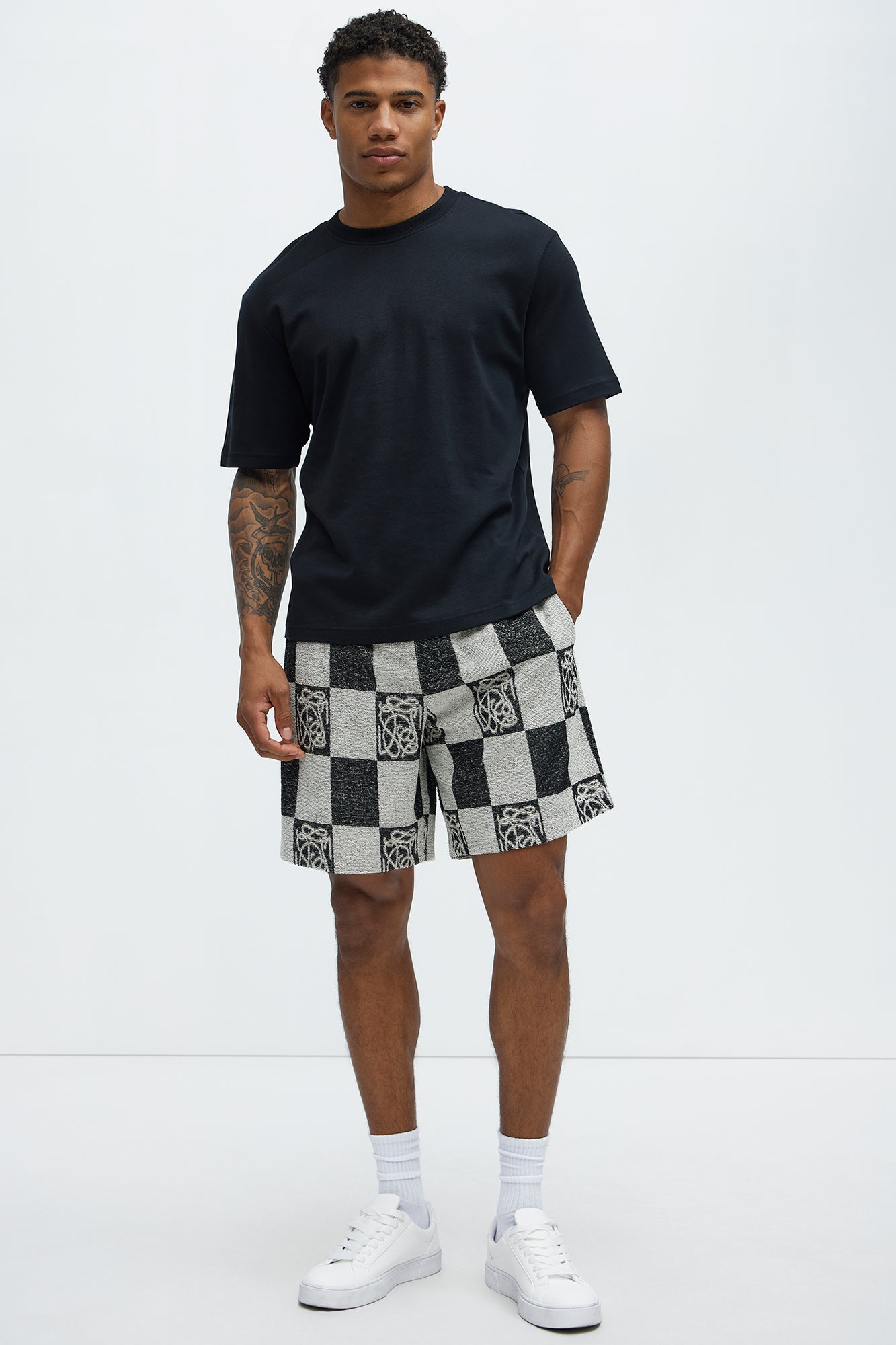Checkered Relaxed Shorts - Black/combo Fashion Nova