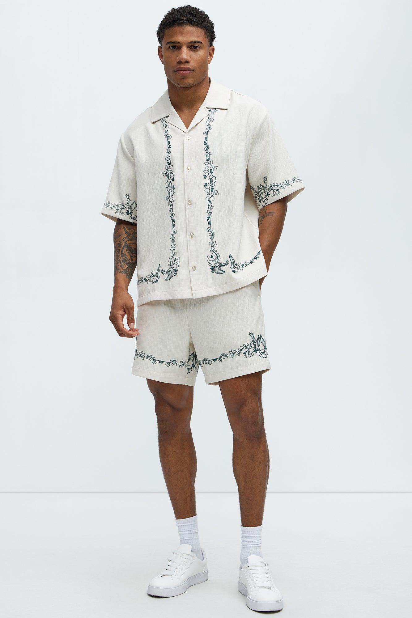 Vine Border Embroidery Cuban Shirt - Cream Fashion Nova