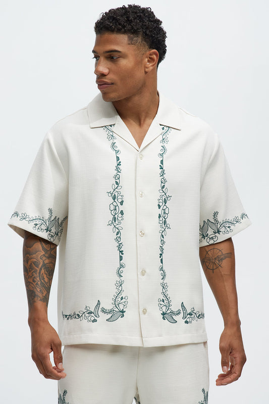 Vine Border Embroidery Cuban Shirt - Cream Fashion Nova