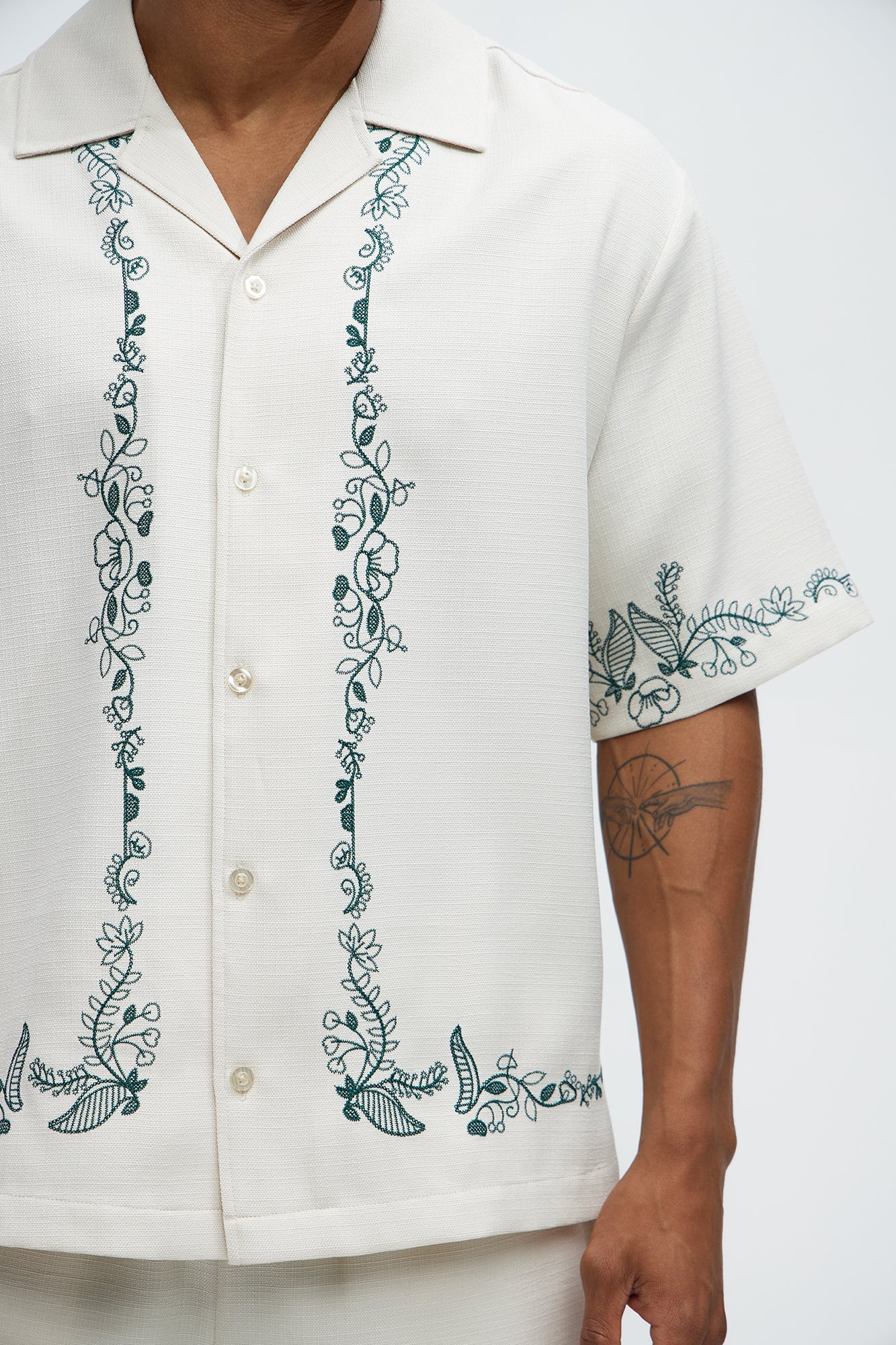 Vine Border Embroidery Cuban Shirt - Cream Fashion Nova