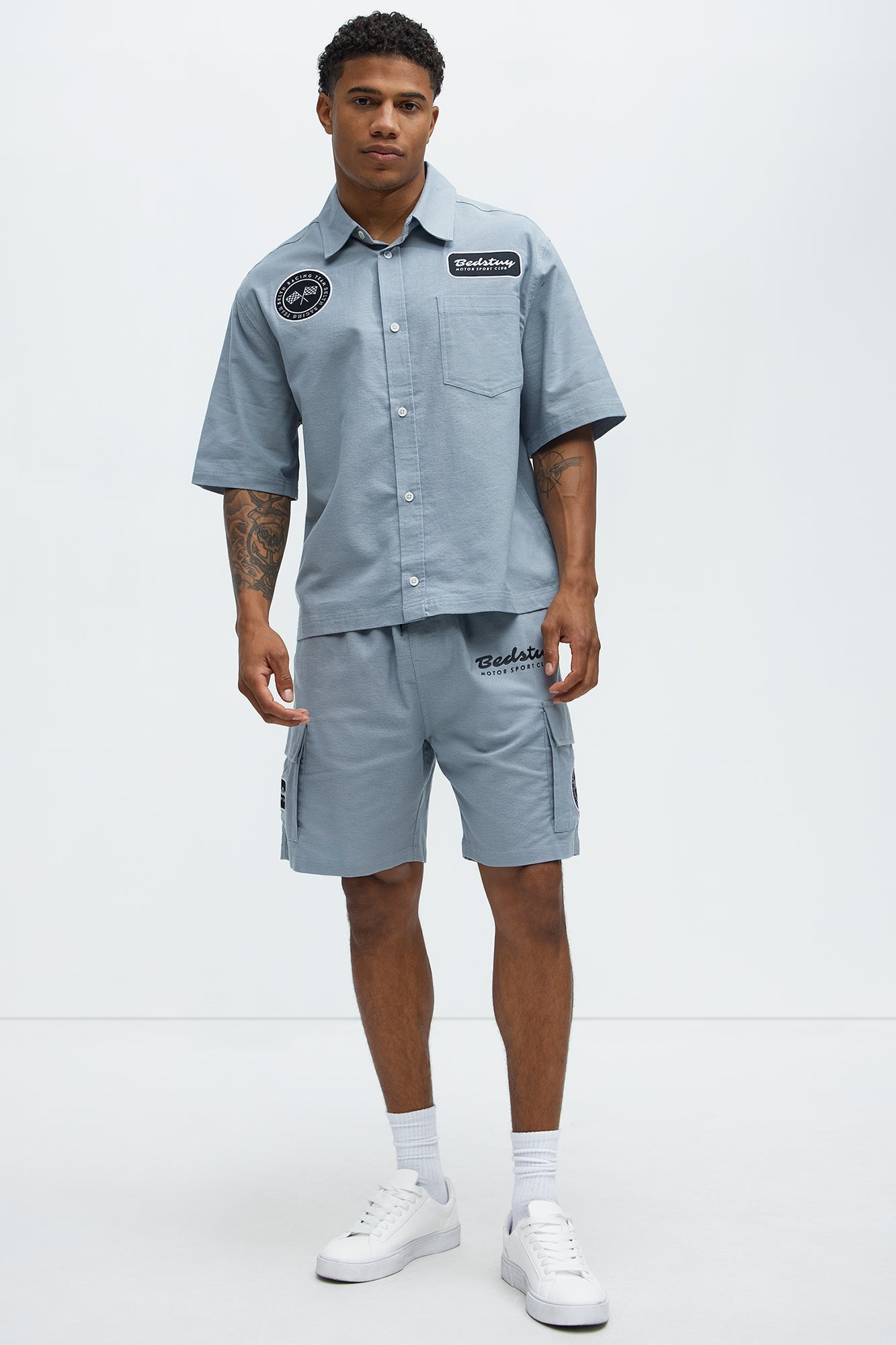 Cropped Bedstuy Patch Button Up Shirt - Light Blue Fashion Nova