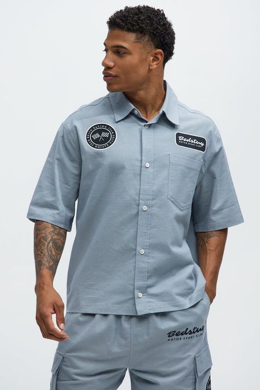 Cropped Bedstuy Patch Button Up Shirt - Light Blue Fashion Nova
