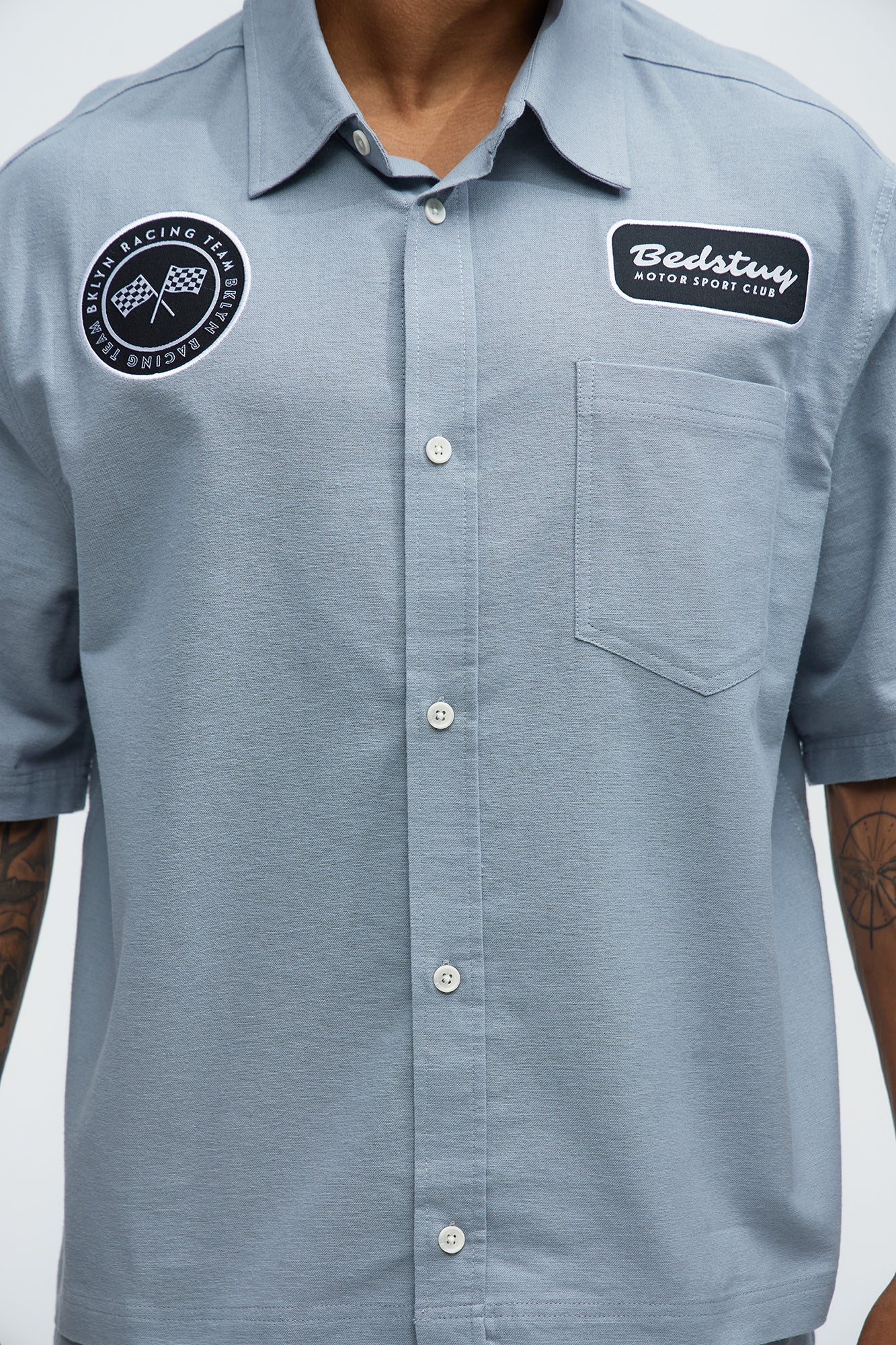 Cropped Bedstuy Patch Button Up Shirt - Light Blue Fashion Nova
