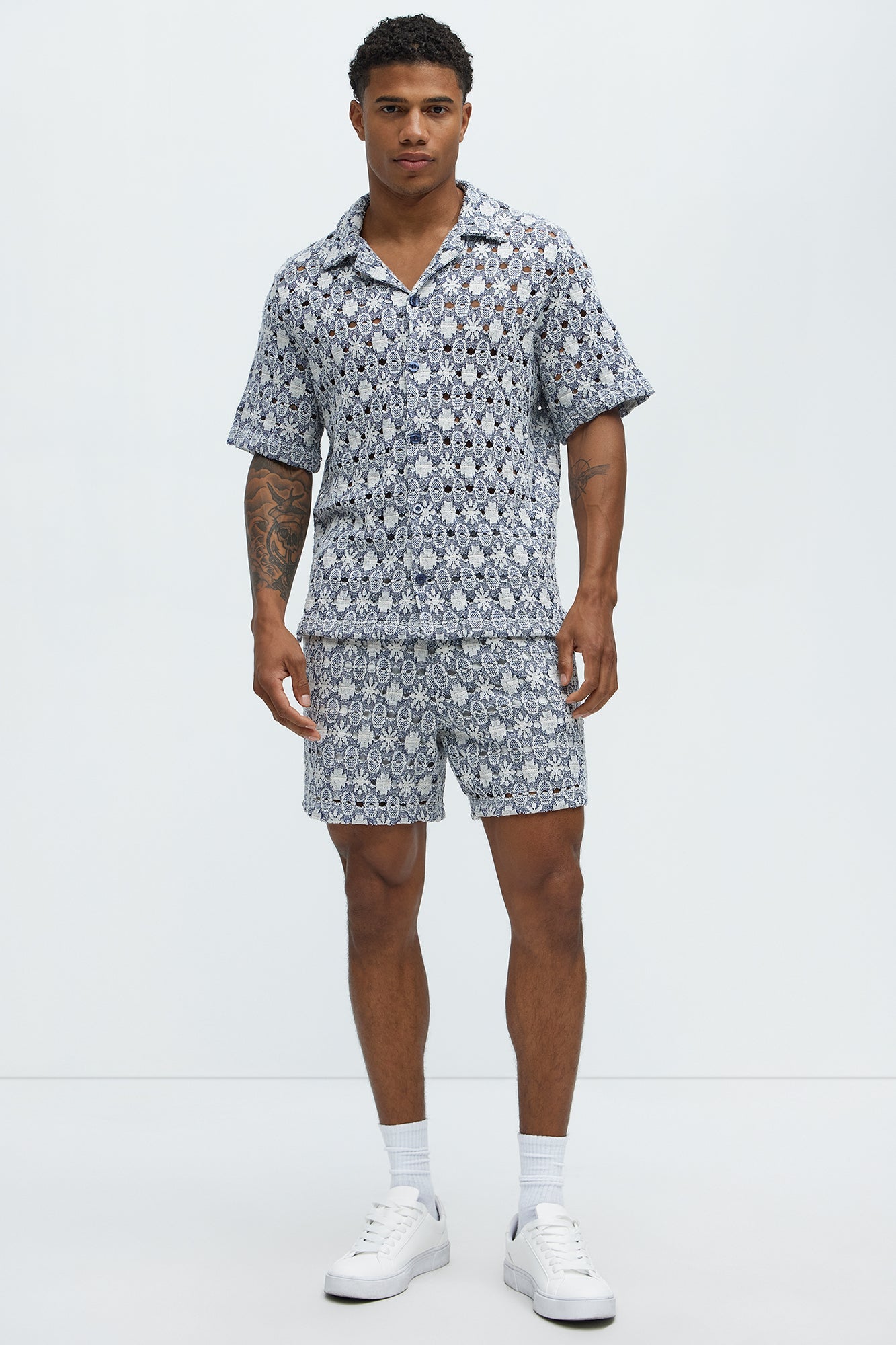 Patterned Open Knit Button Down Shirt - Blue/combo Fashion Nova