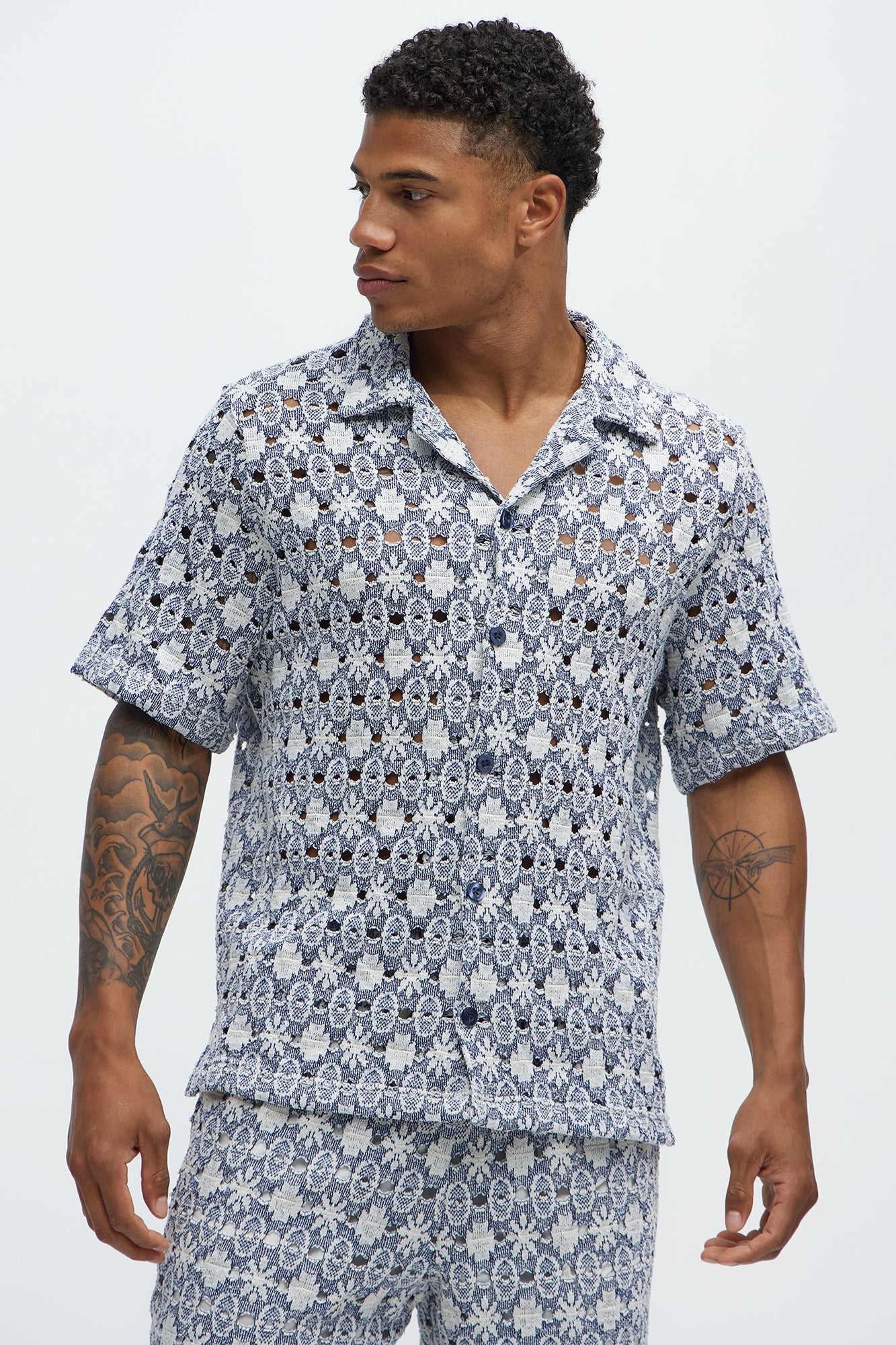 Patterned Open Knit Button Down Shirt - Blue/combo Fashion Nova