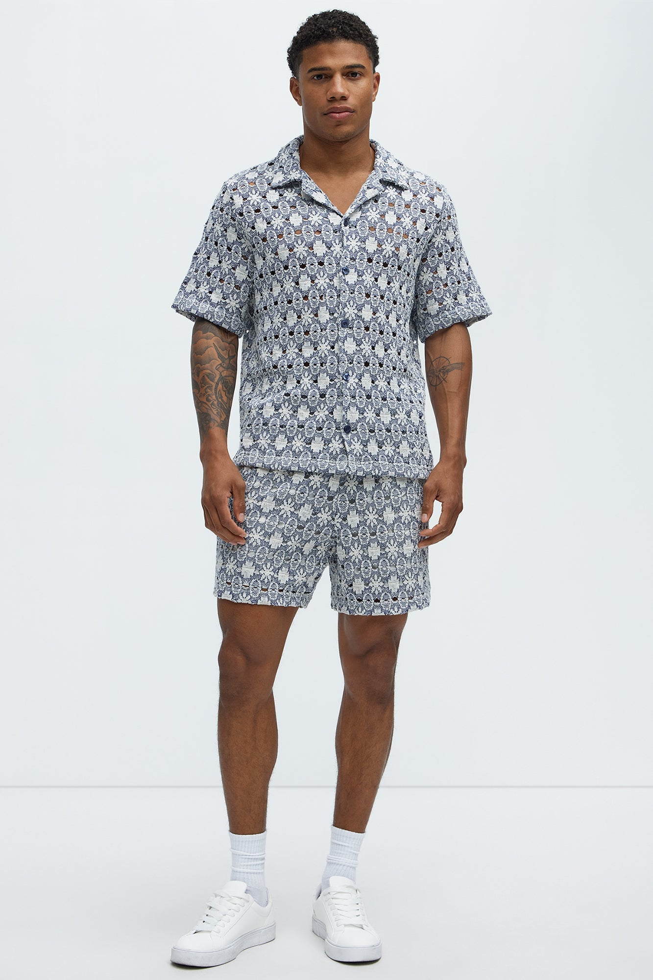 Patterned Open Knit Shorts - Blue/combo Fashion Nova