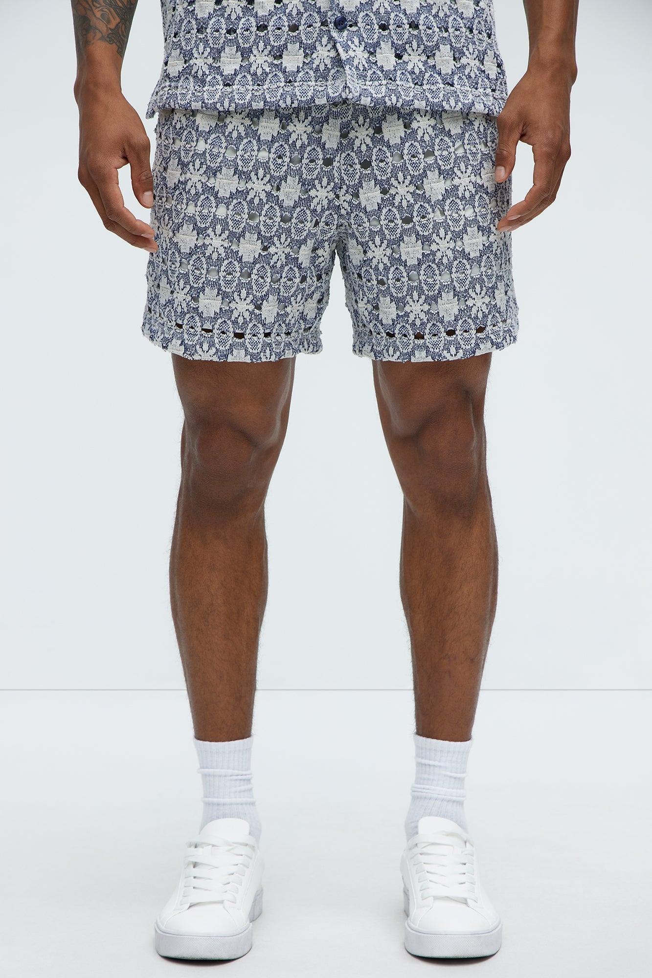 Patterned Open Knit Shorts - Blue/combo Fashion Nova