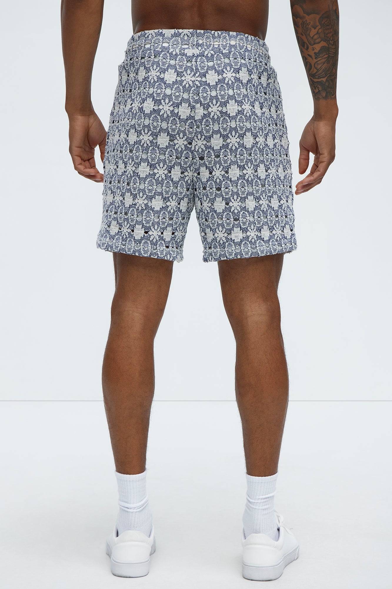 Patterned Open Knit Shorts - Blue/combo Fashion Nova