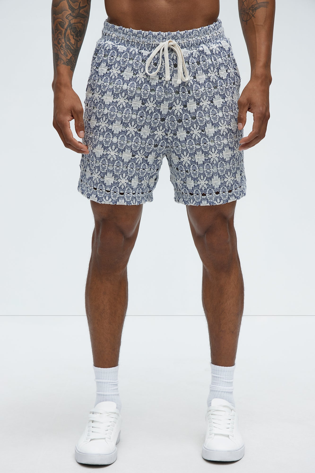 Patterned Open Knit Shorts - Blue/combo Fashion Nova