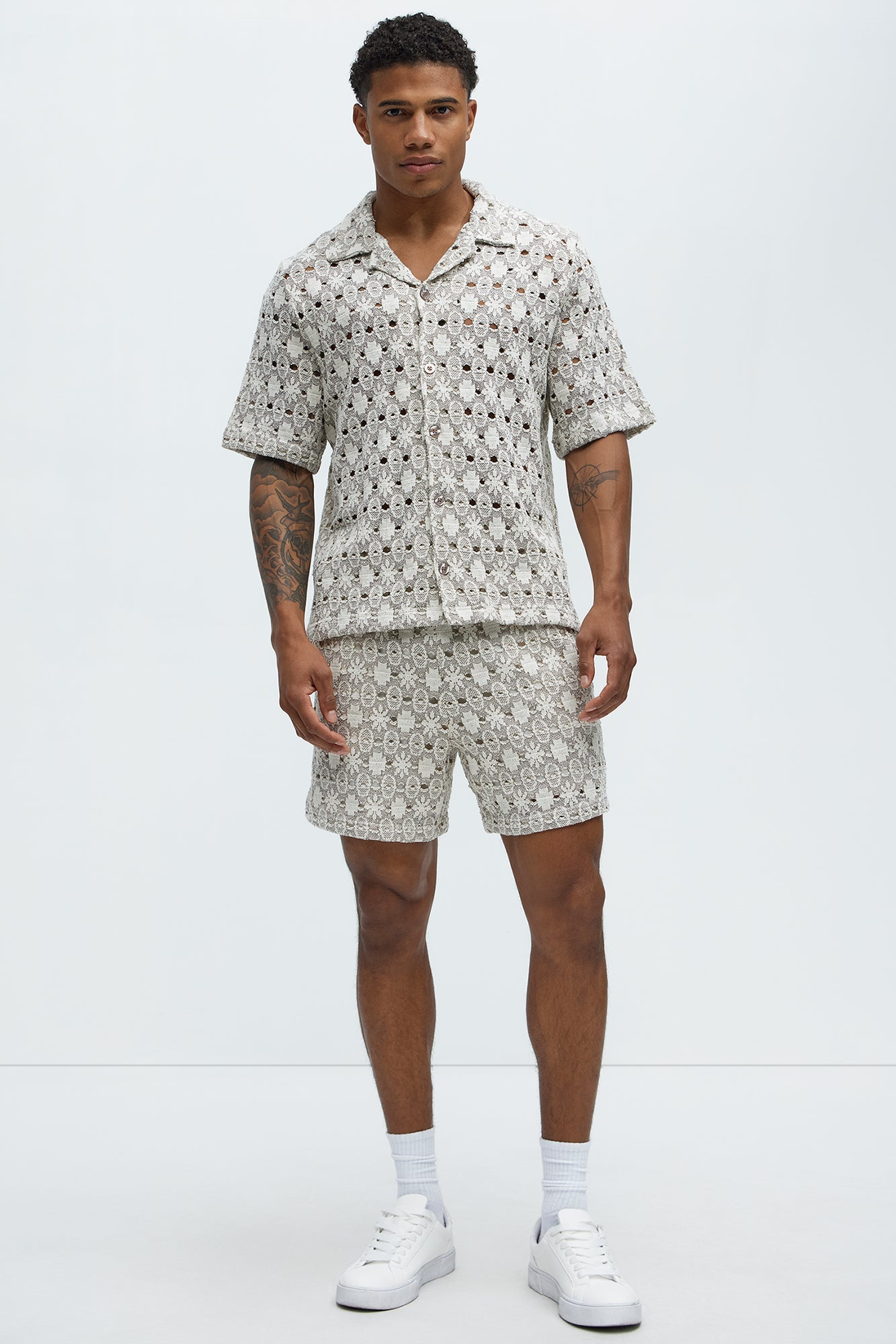 Patterned Open Knit Button Down Shirt - Cream/combo Fashion Nova