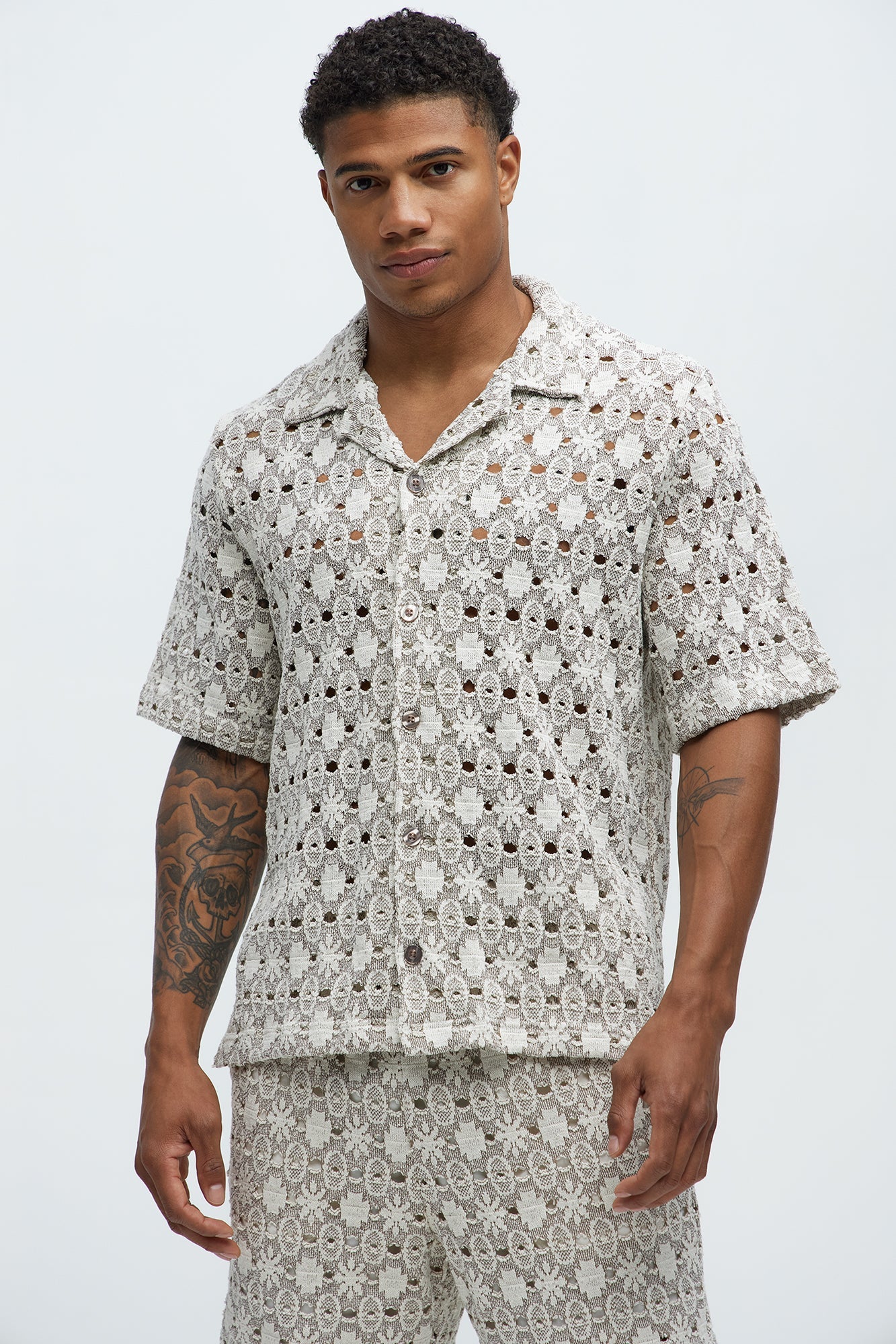 Patterned Open Knit Button Down Shirt - Cream/combo Fashion Nova