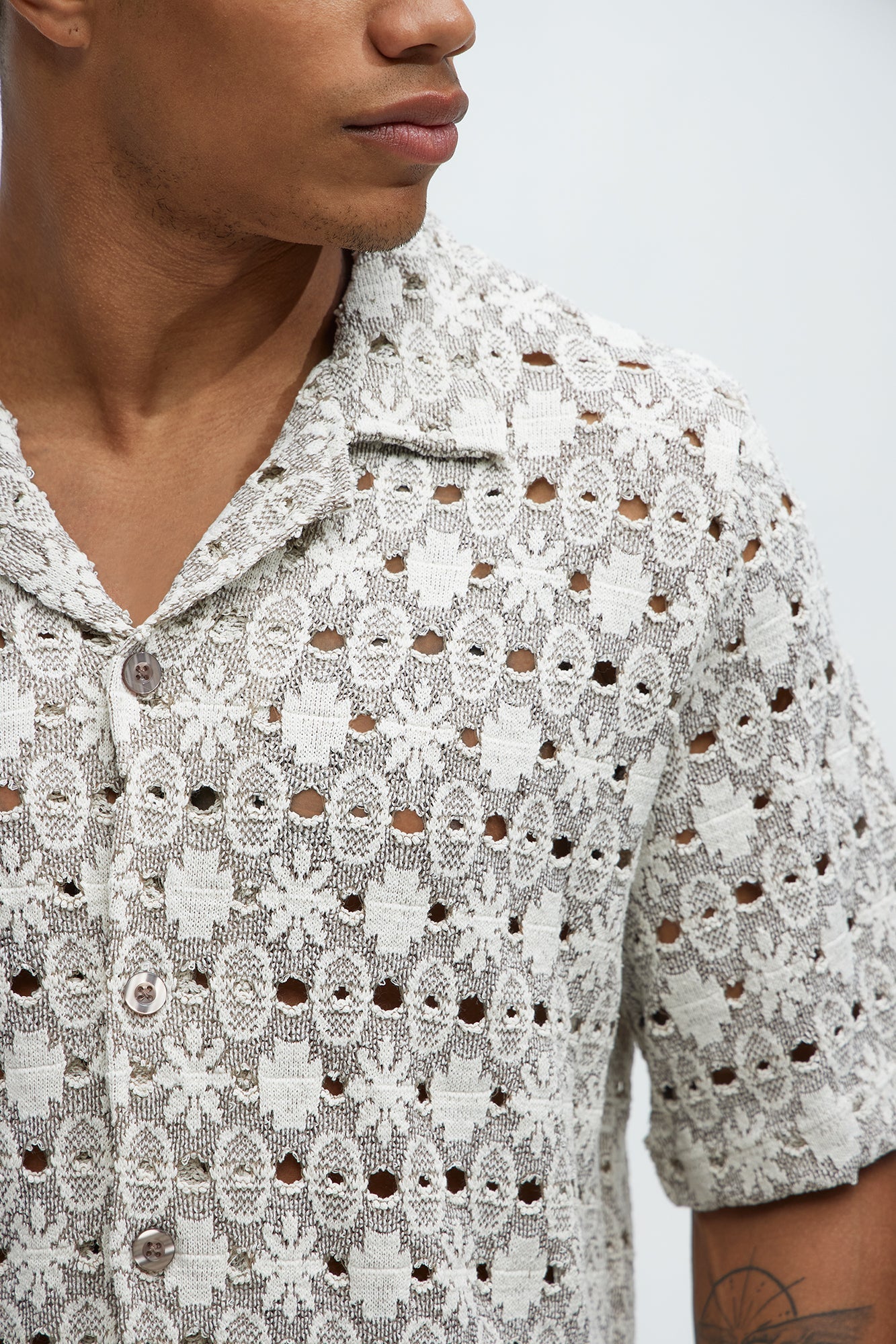 Patterned Open Knit Button Down Shirt - Cream/combo Fashion Nova