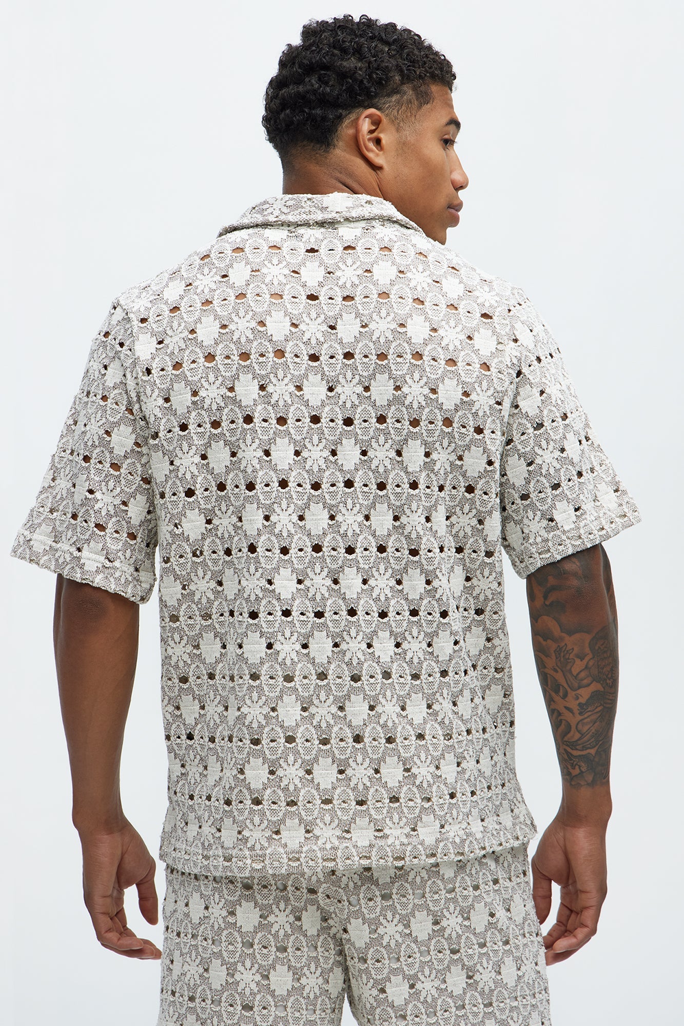 Patterned Open Knit Button Down Shirt - Cream/combo Fashion Nova
