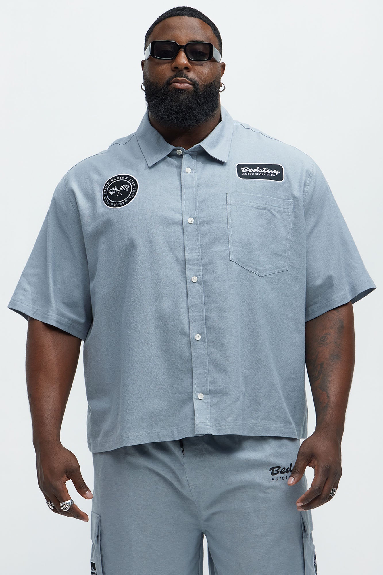 Cropped Bedstuy Patch Button Up Shirt - Light Blue Fashion Nova