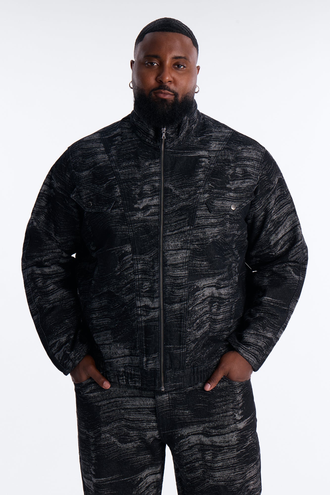 Jacquard Waves Denim Jacket - Black Wash Fashion Nova