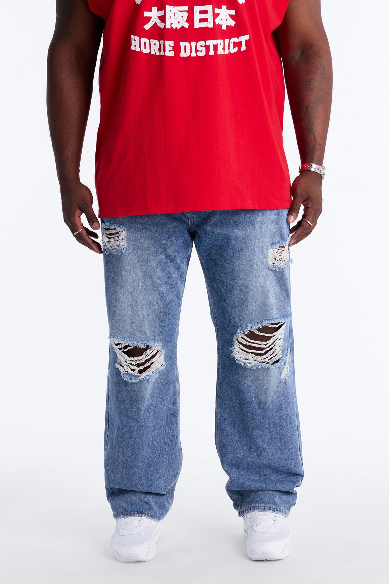 Essential Destroyed Straight Rigid Jean - Medium Blue Wash Fashion Nova