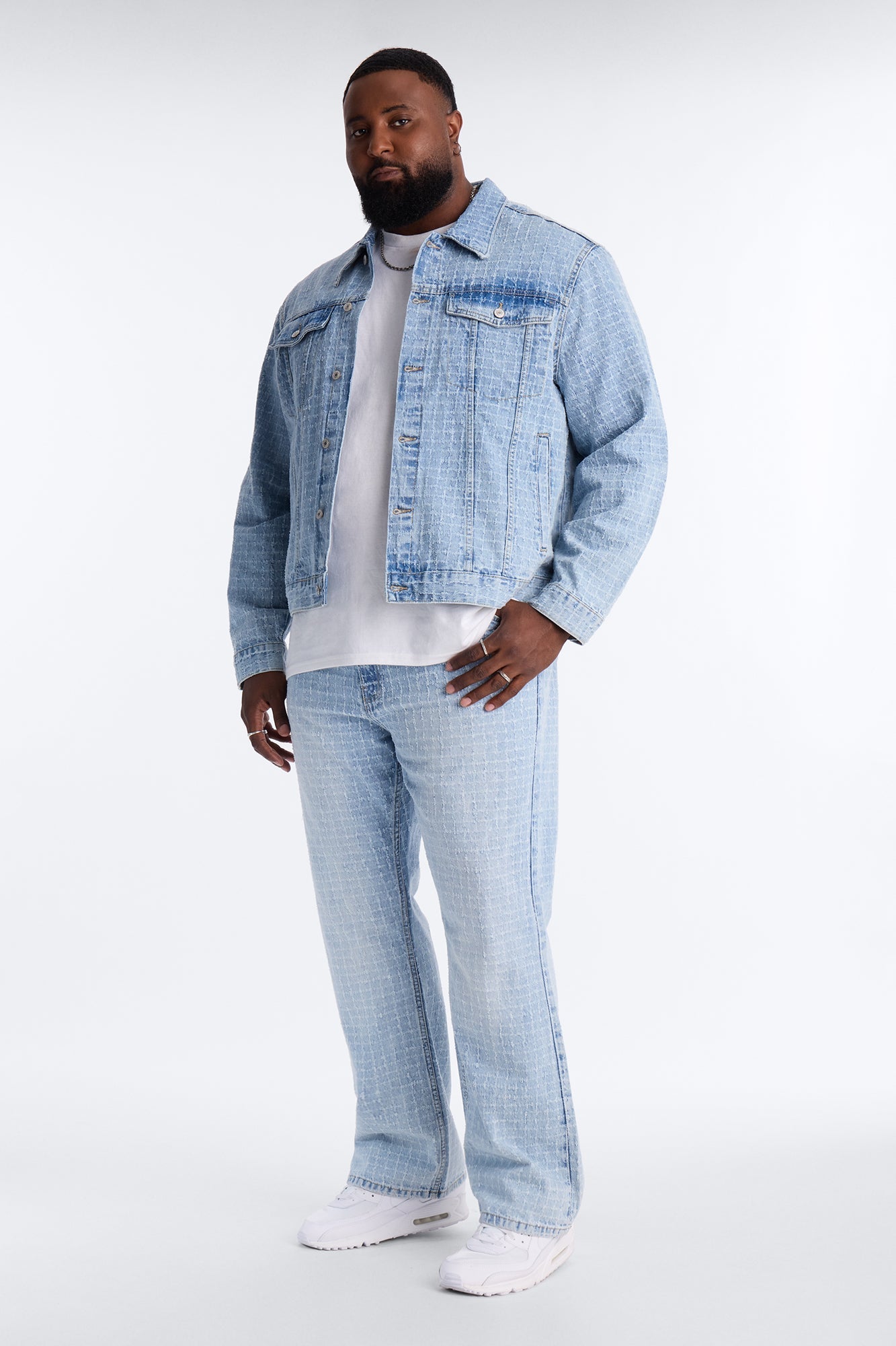 Cropped Windowpane Denim Trucker Jacket - Light Wash Fashion Nova