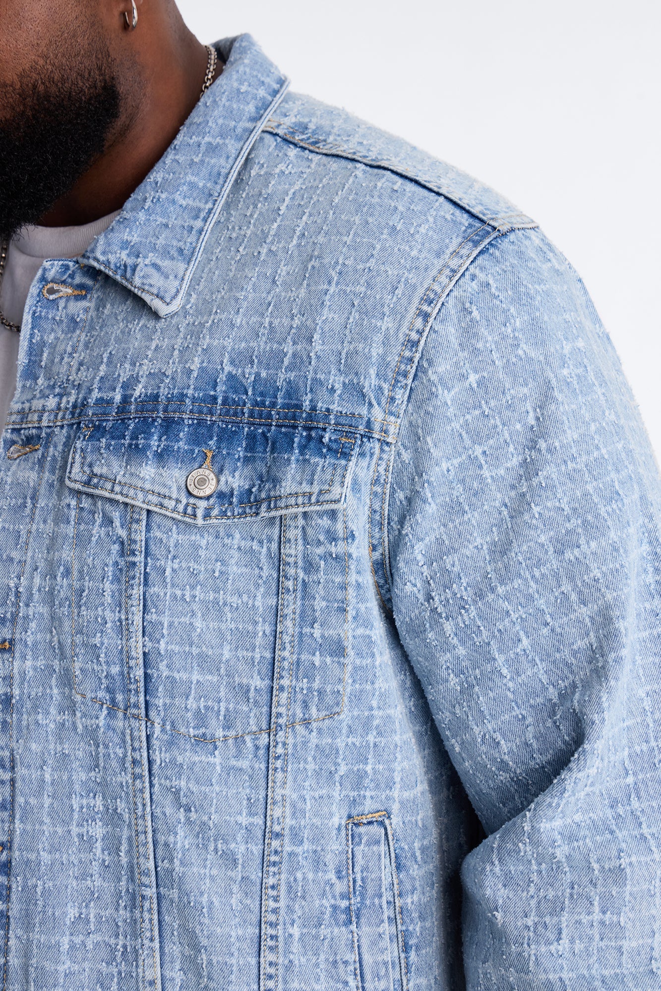 Cropped Windowpane Denim Trucker Jacket - Light Wash Fashion Nova