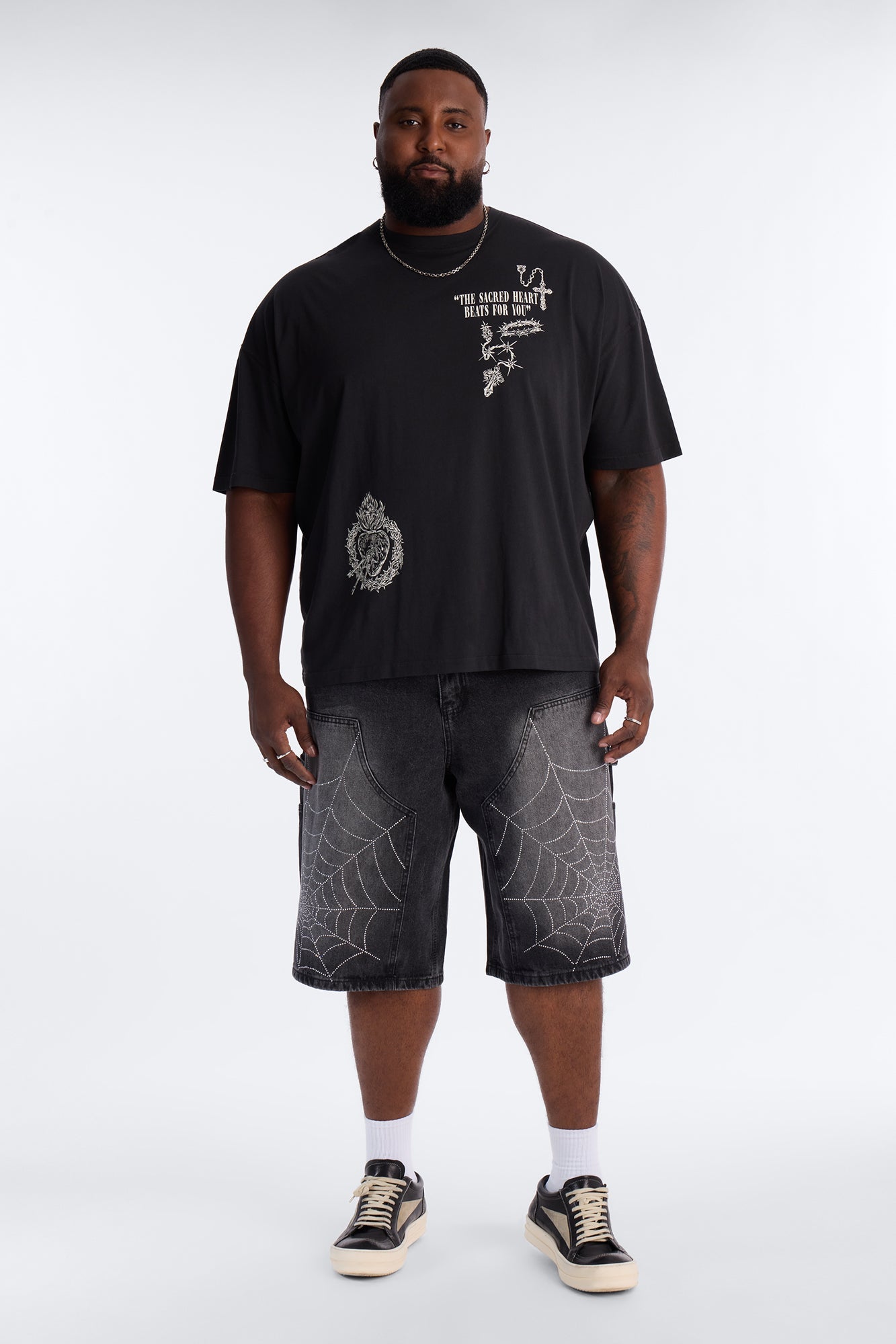 Baggy Jeweled Web Carpenter Denim Short - Black Wash Fashion Nova