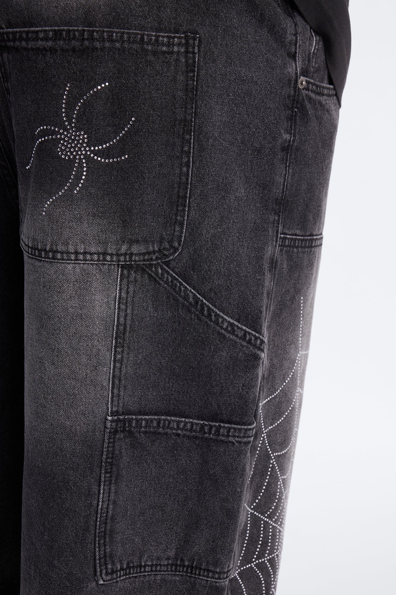 Baggy Jeweled Web Carpenter Denim Short - Black Wash Fashion Nova