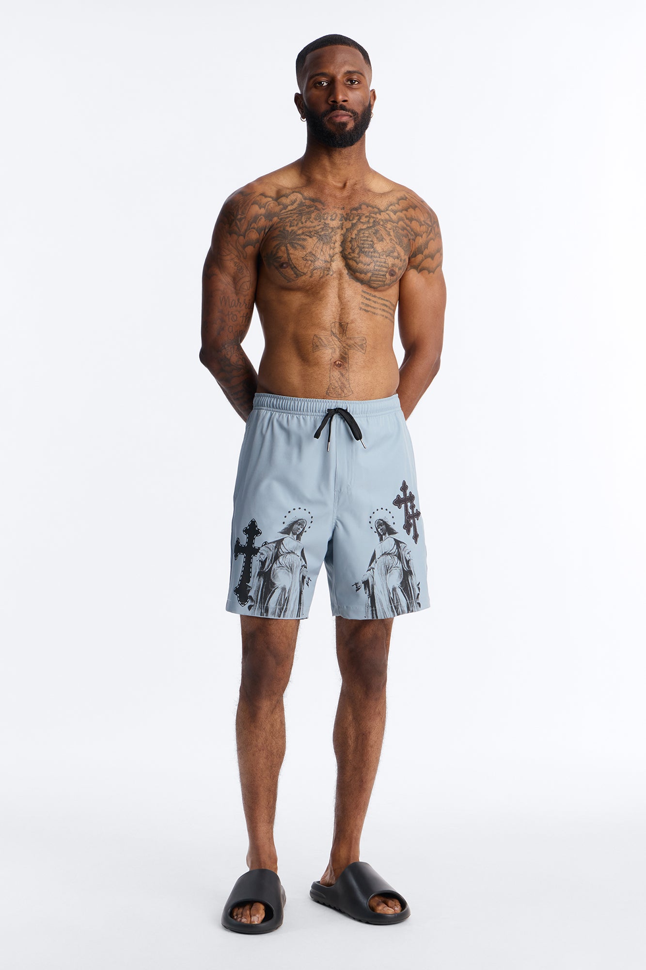Mirrored Faith Applique Swim Trunk 7″ - Grey Fashion Nova