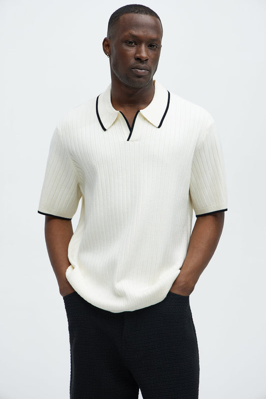 Garrison Knitted Johnny Collar Short Sleeve Polo - Cream/combo Fashion Nova