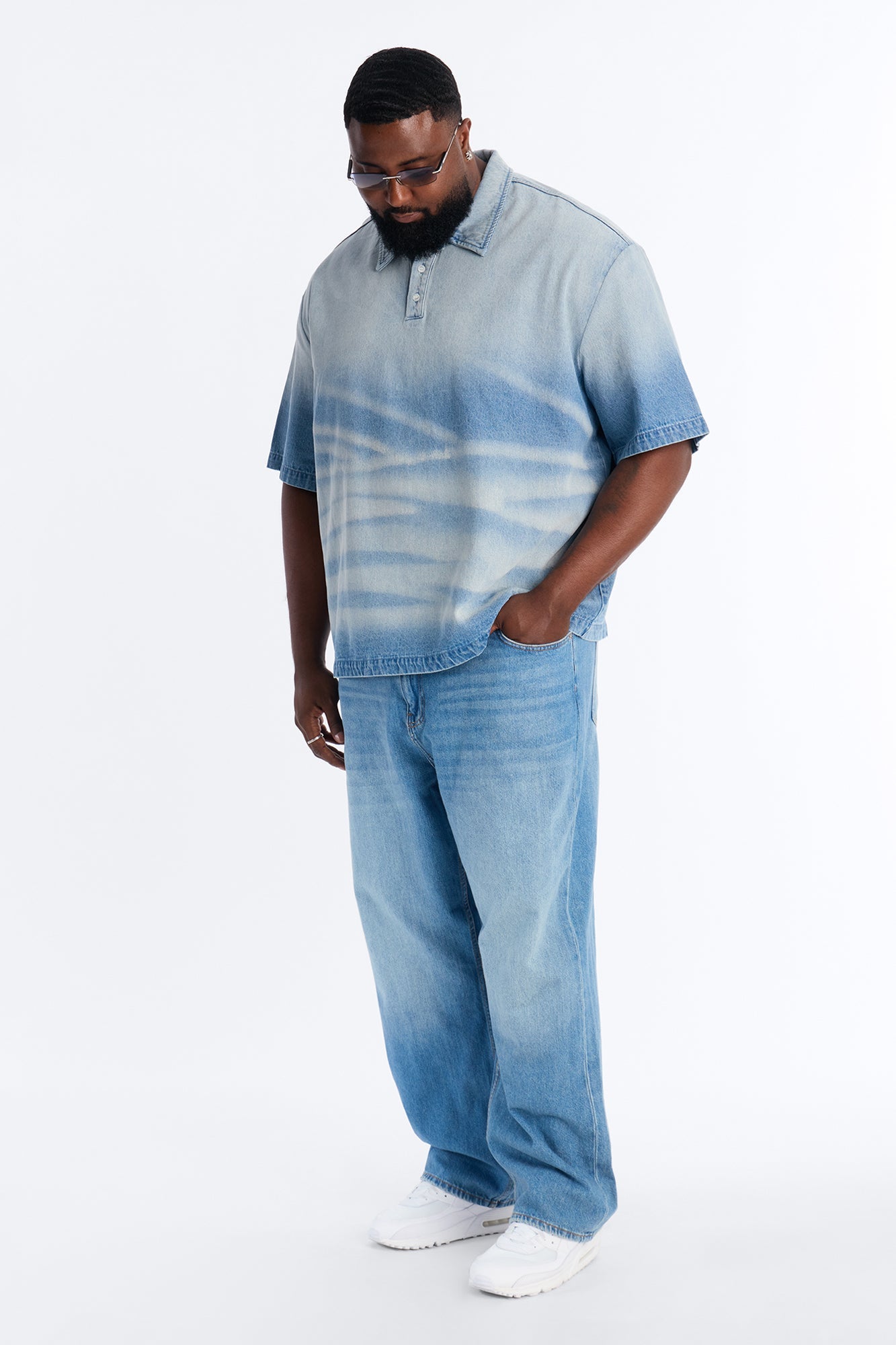 Boxy Faded Wave Denim Polo - Light Blue Wash Fashion Nova