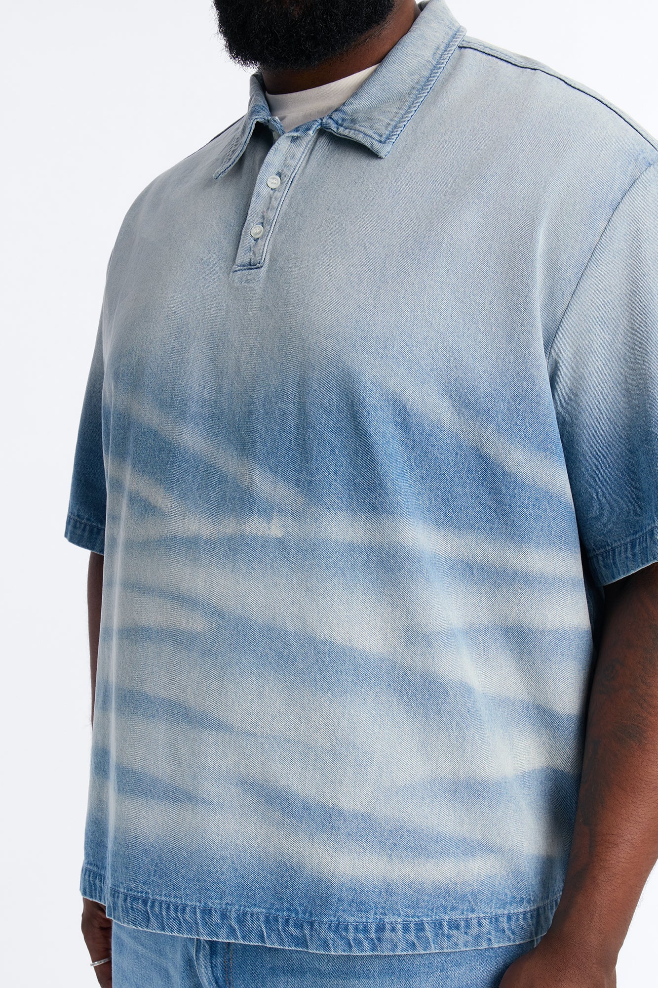 Boxy Faded Wave Denim Polo - Light Blue Wash Fashion Nova