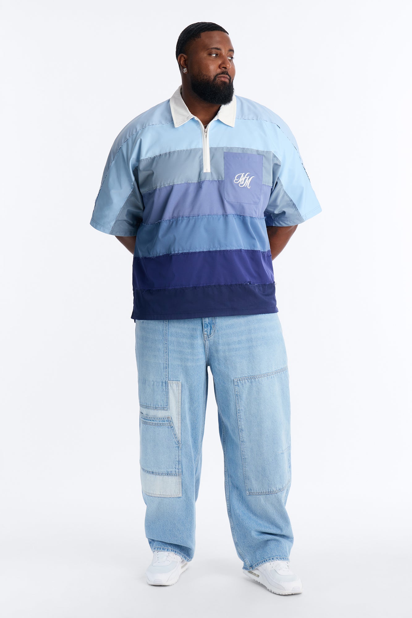 Oversized Frayed Zip Collar Polo - Blue Fashion Nova