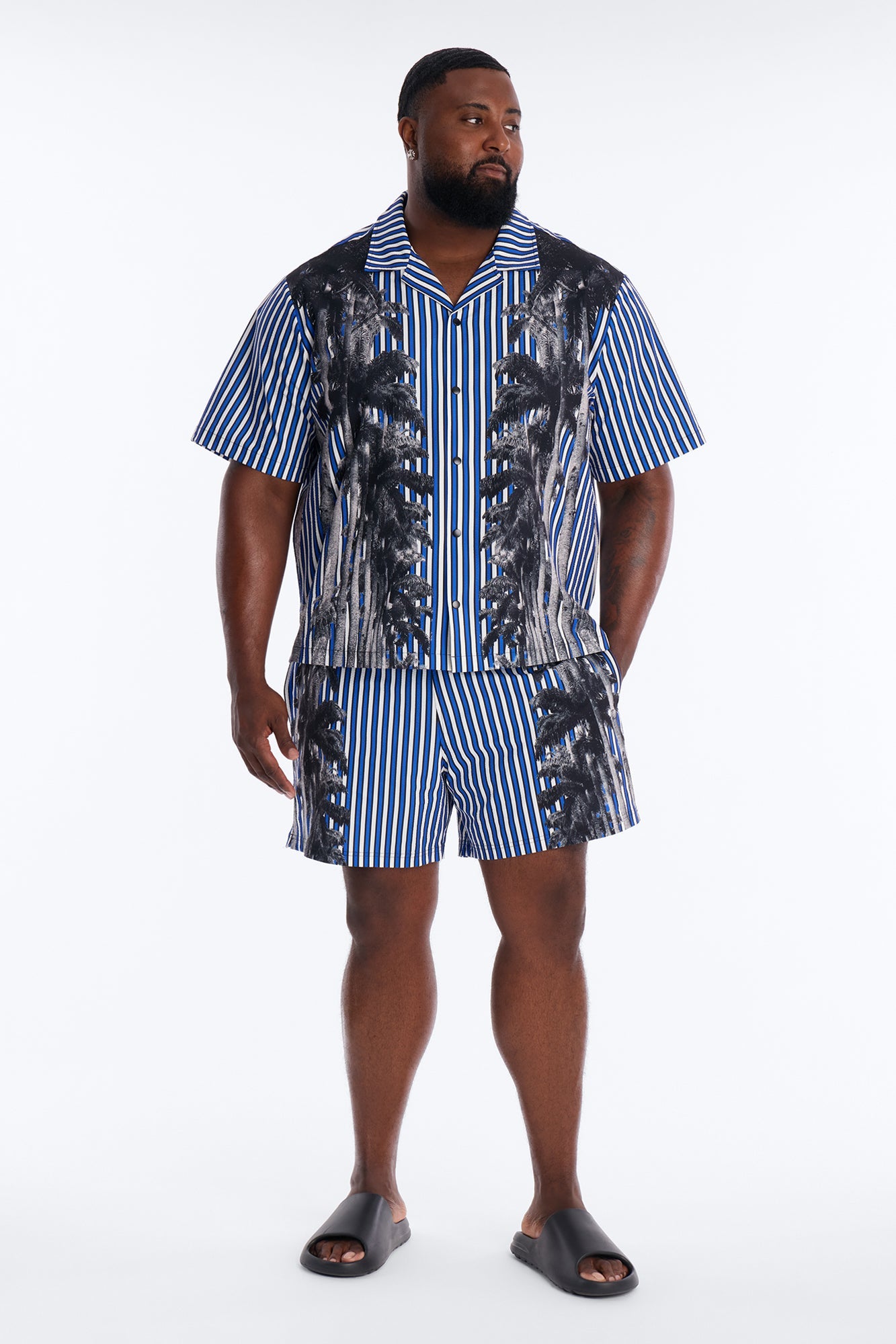 Palm Haven Striped Seersucker Swim Trunk 6″ - Blue Fashion Nova