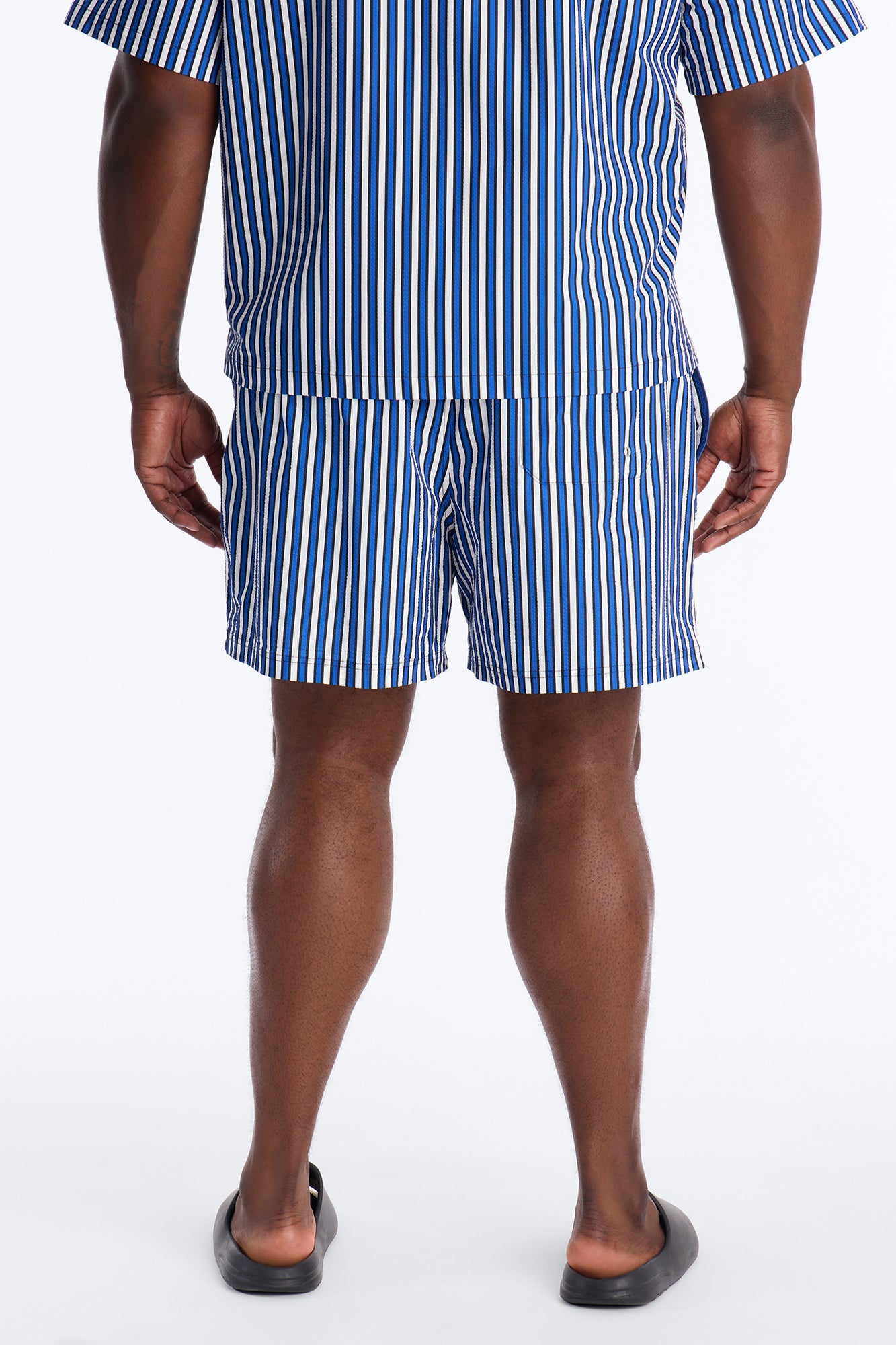 Palm Haven Striped Seersucker Swim Trunk 6″ - Blue Fashion Nova