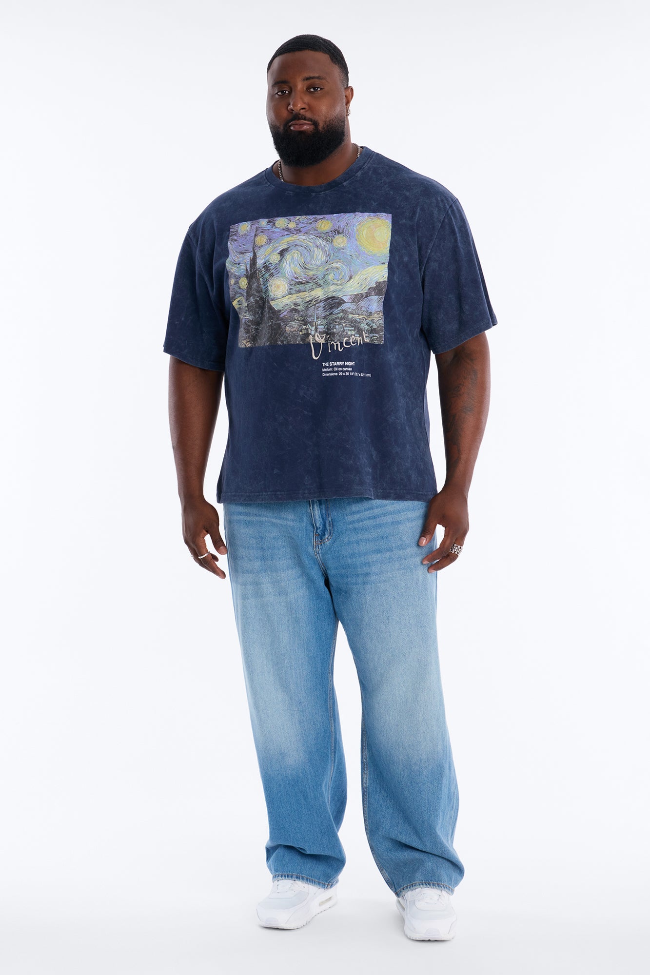 Vincent Van Gogh Starry Night Embroidered Mineral Wash Fleece Tee - Navy Fashion Nova