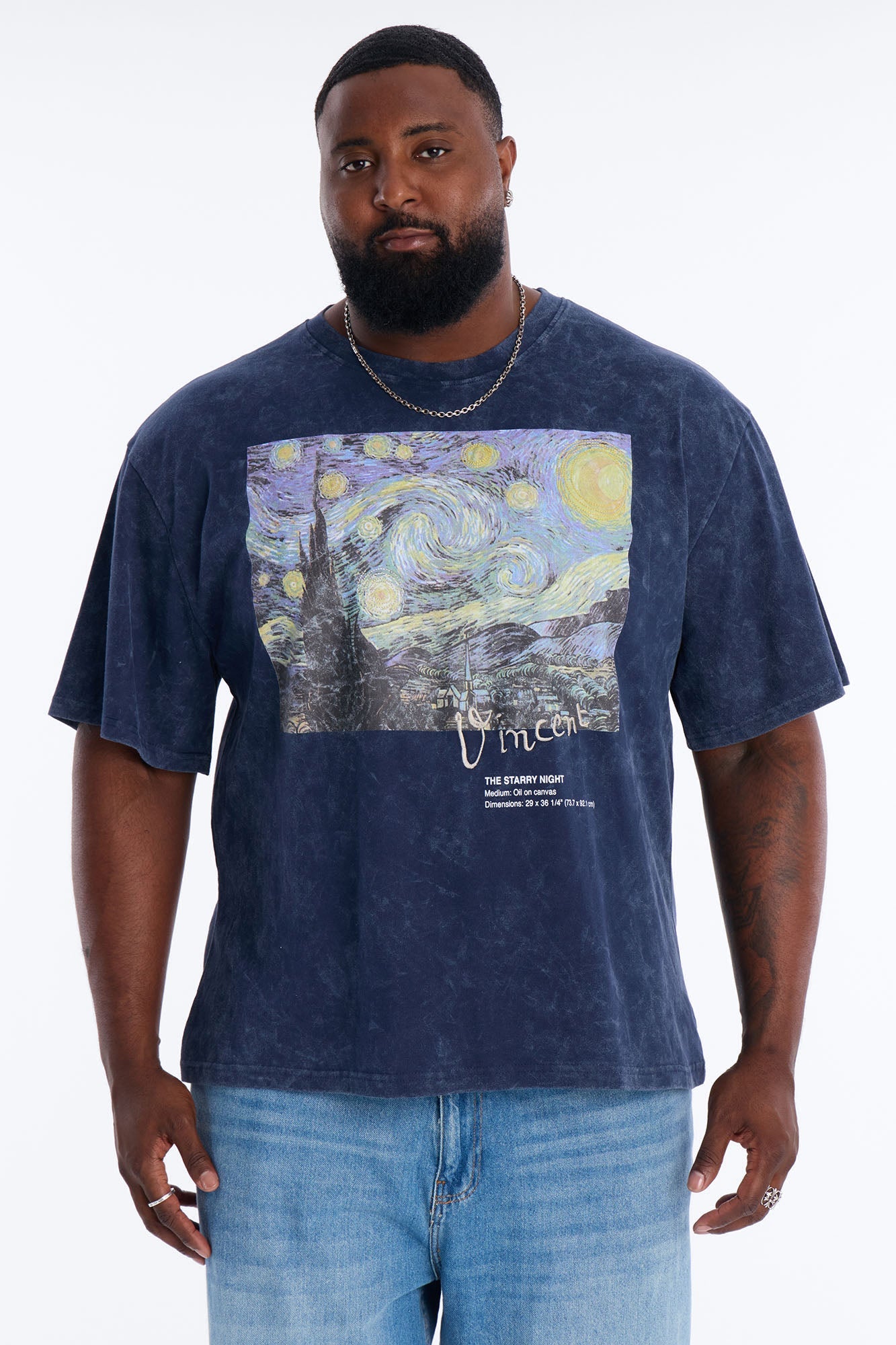 Vincent Van Gogh Starry Night Embroidered Mineral Wash Fleece Tee - Navy Fashion Nova
