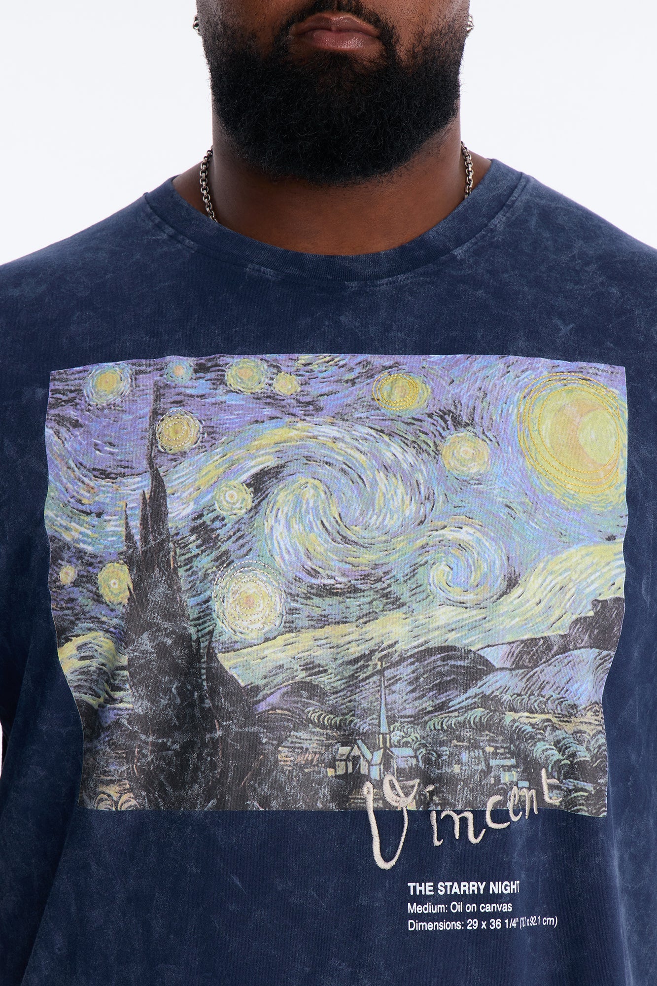 Vincent Van Gogh Starry Night Embroidered Mineral Wash Fleece Tee - Navy Fashion Nova