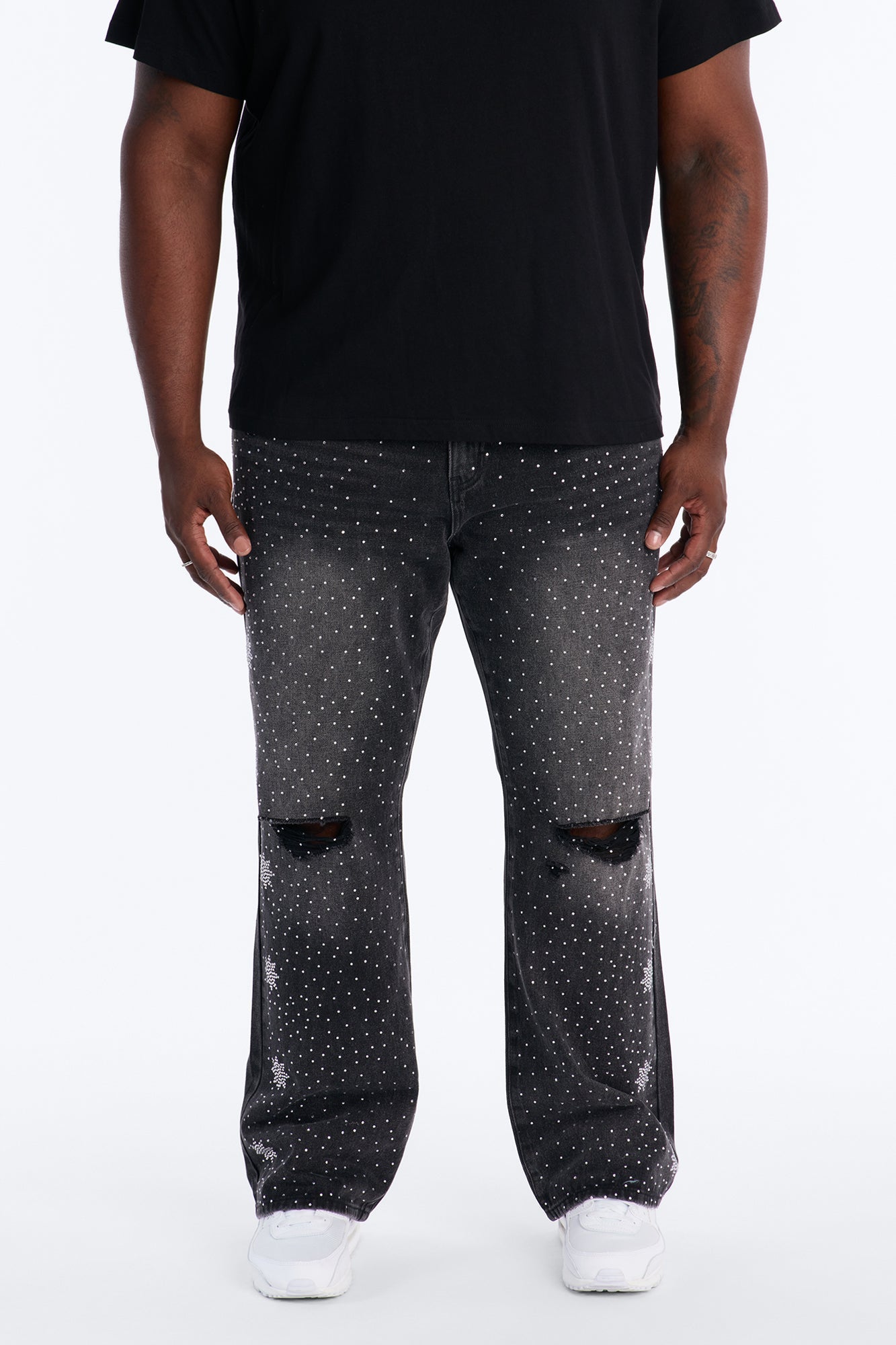 Straight Flare Static Drip Jeweled Jean - Black Wash Fashion Nova
