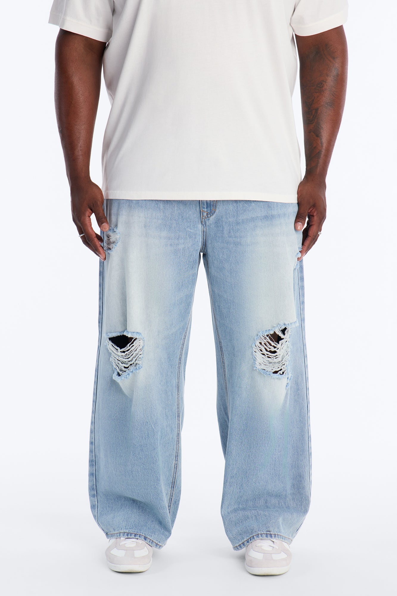 Essential Destroyed Baggy Rigid Jean - Light Blue Wash Fashion Nova