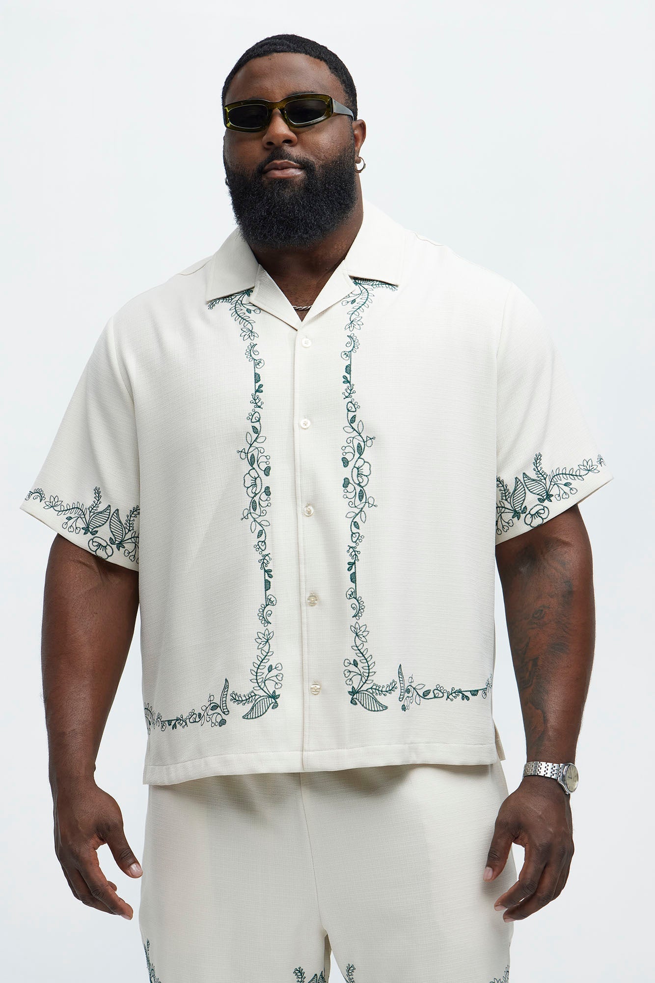 Vine Border Embroidery Cuban Shirt - Cream Fashion Nova