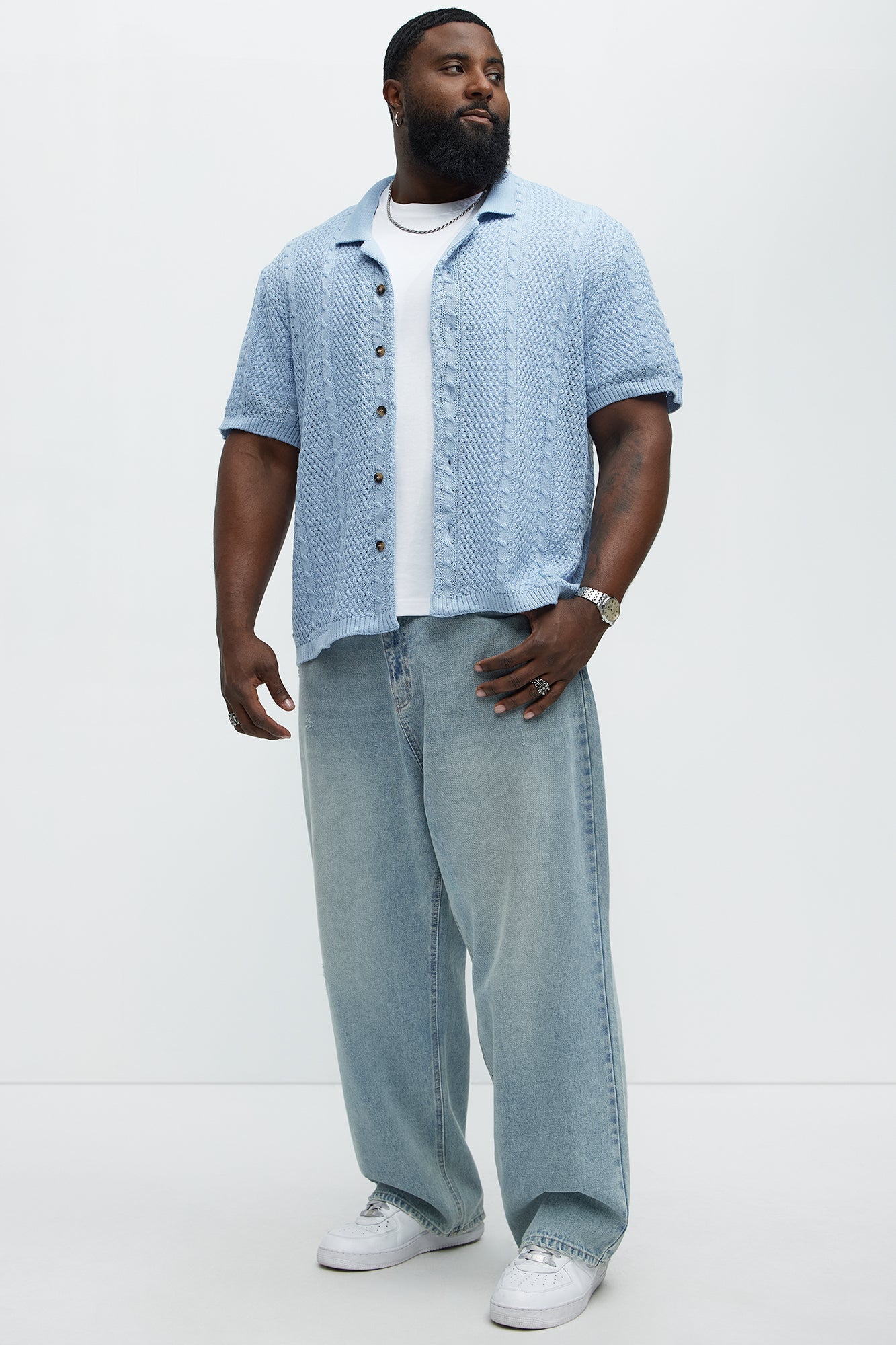 Unwind Cable Knit Short Sleeve Button Up - Blue Fashion Nova
