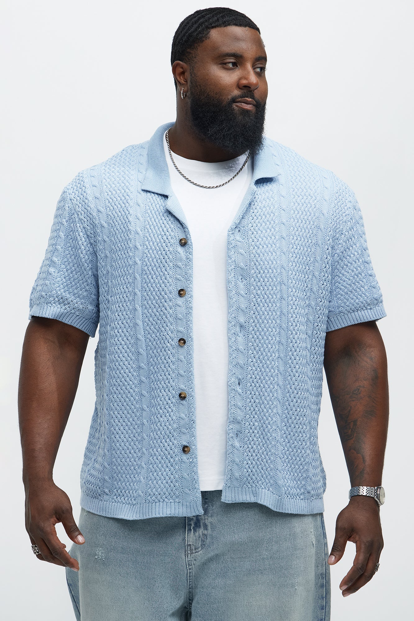 Unwind Cable Knit Short Sleeve Button Up - Blue Fashion Nova