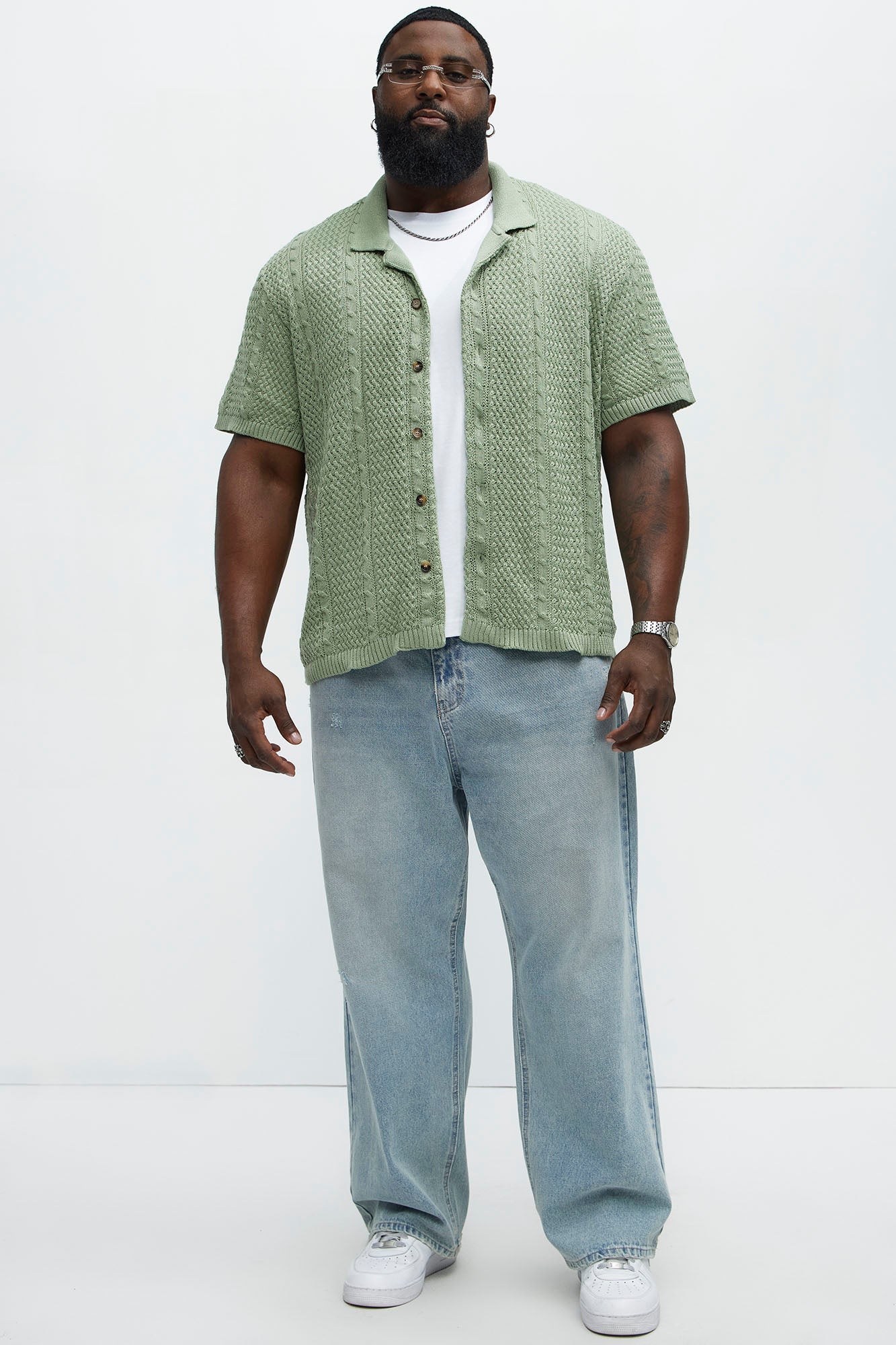 Unwind Cable Knit Short Sleeve Button Up - Sage Fashion Nova