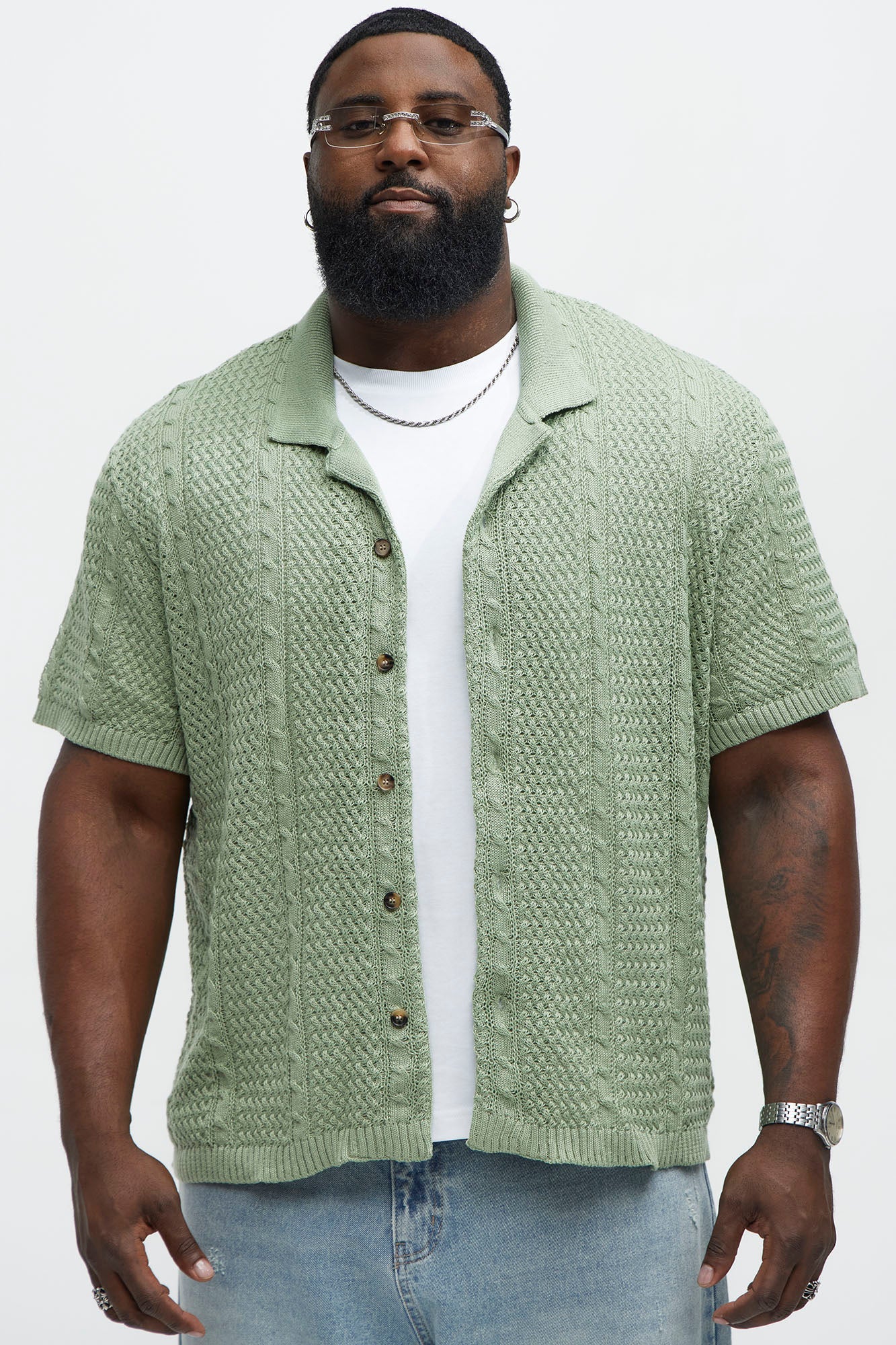 Unwind Cable Knit Short Sleeve Button Up - Sage Fashion Nova