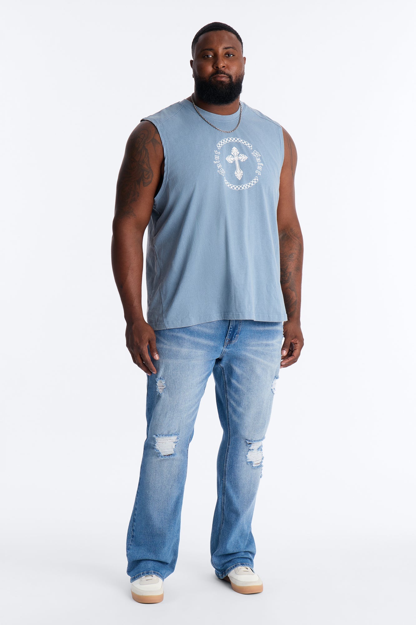 Essential Destroyed Stacked Skinny Flare Stretch Jean - Medium Blue Wash Fashion Nova
