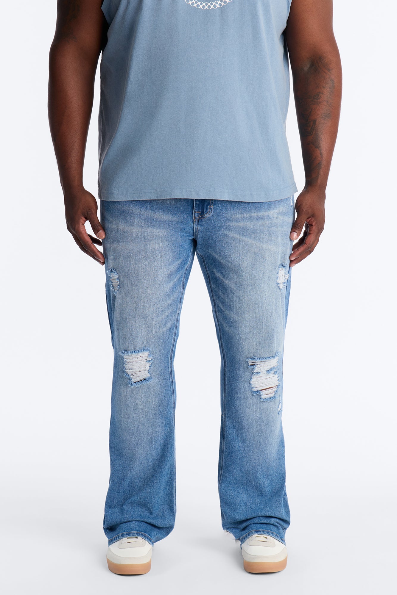 Essential Destroyed Stacked Skinny Flare Stretch Jean - Medium Blue Wash Fashion Nova
