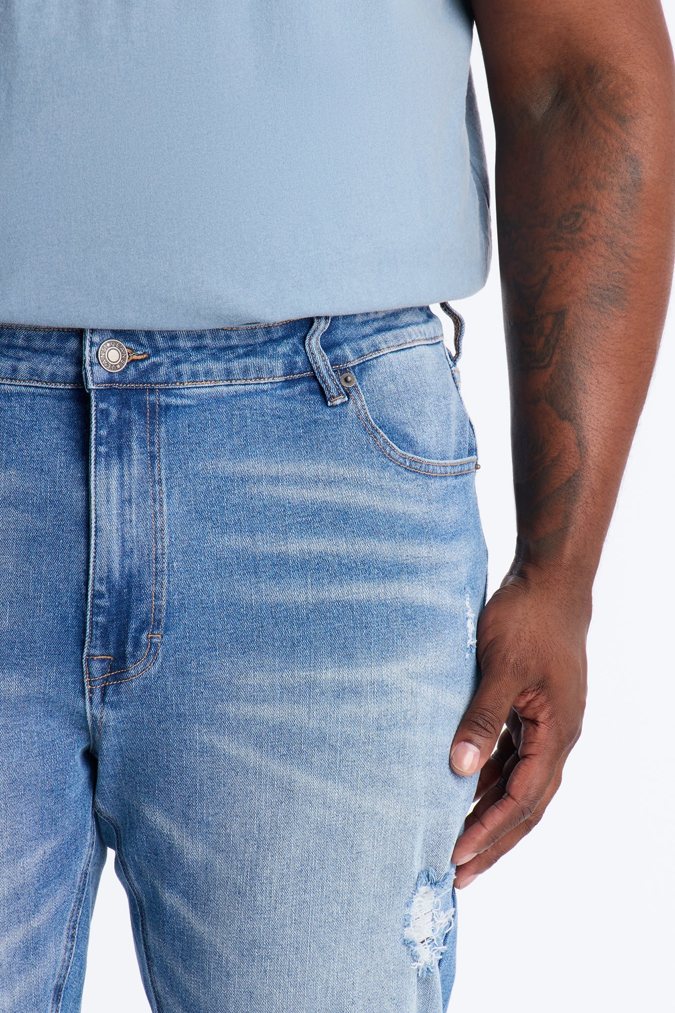 Essential Destroyed Stacked Skinny Flare Stretch Jean - Medium Blue Wash Fashion Nova